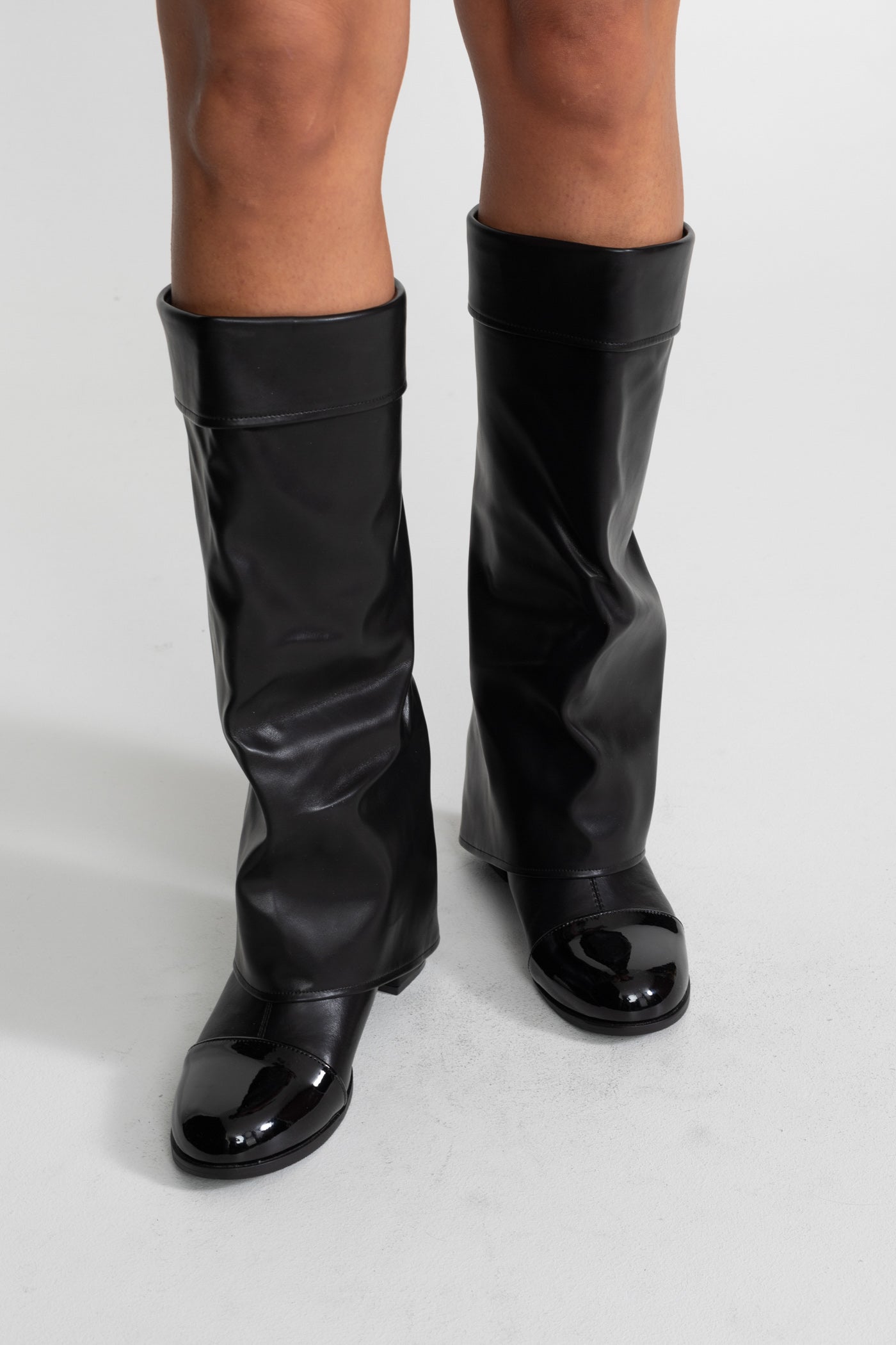 Folded Knee-High Boots With Patent Cap Toe - Black