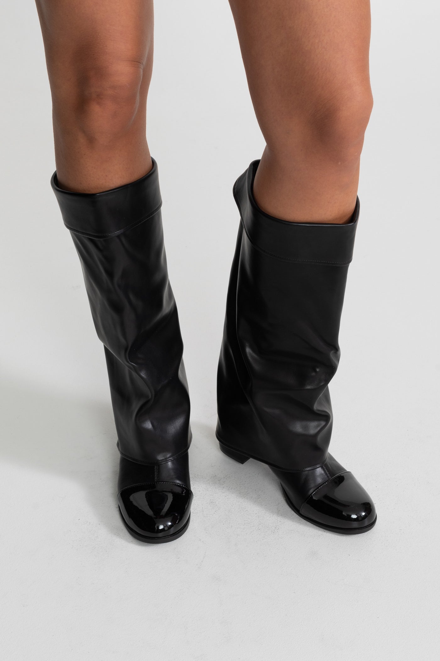 Folded Knee-High Boots With Patent Cap Toe - Black