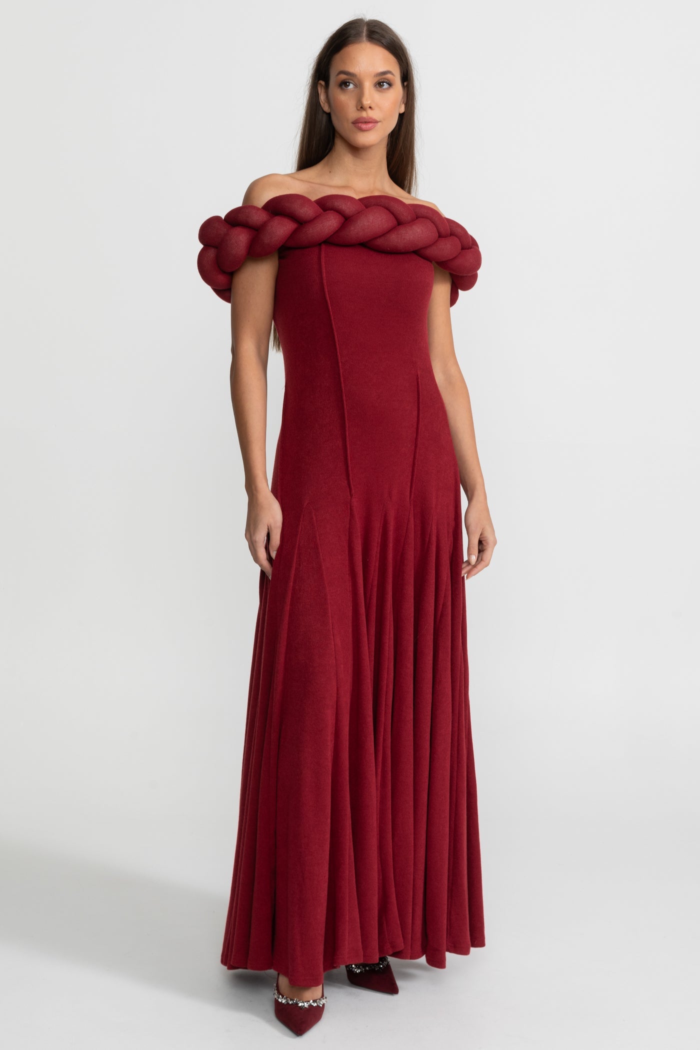 Off-Shoulder Braided Neckline Maxi Dress – Deep Red