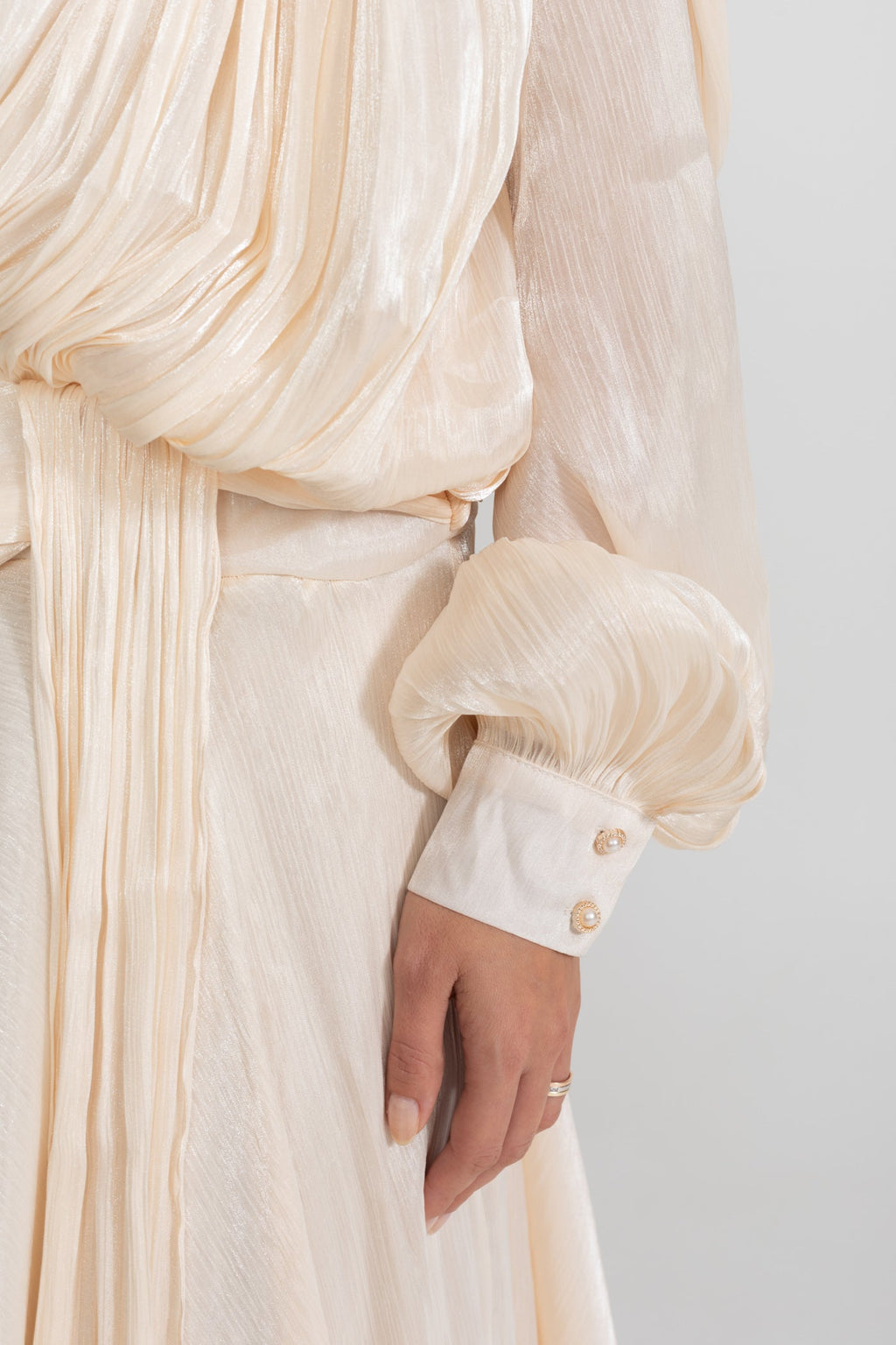 Maxi Dress with Pleated Bodice and Draped Skirt - Ivory