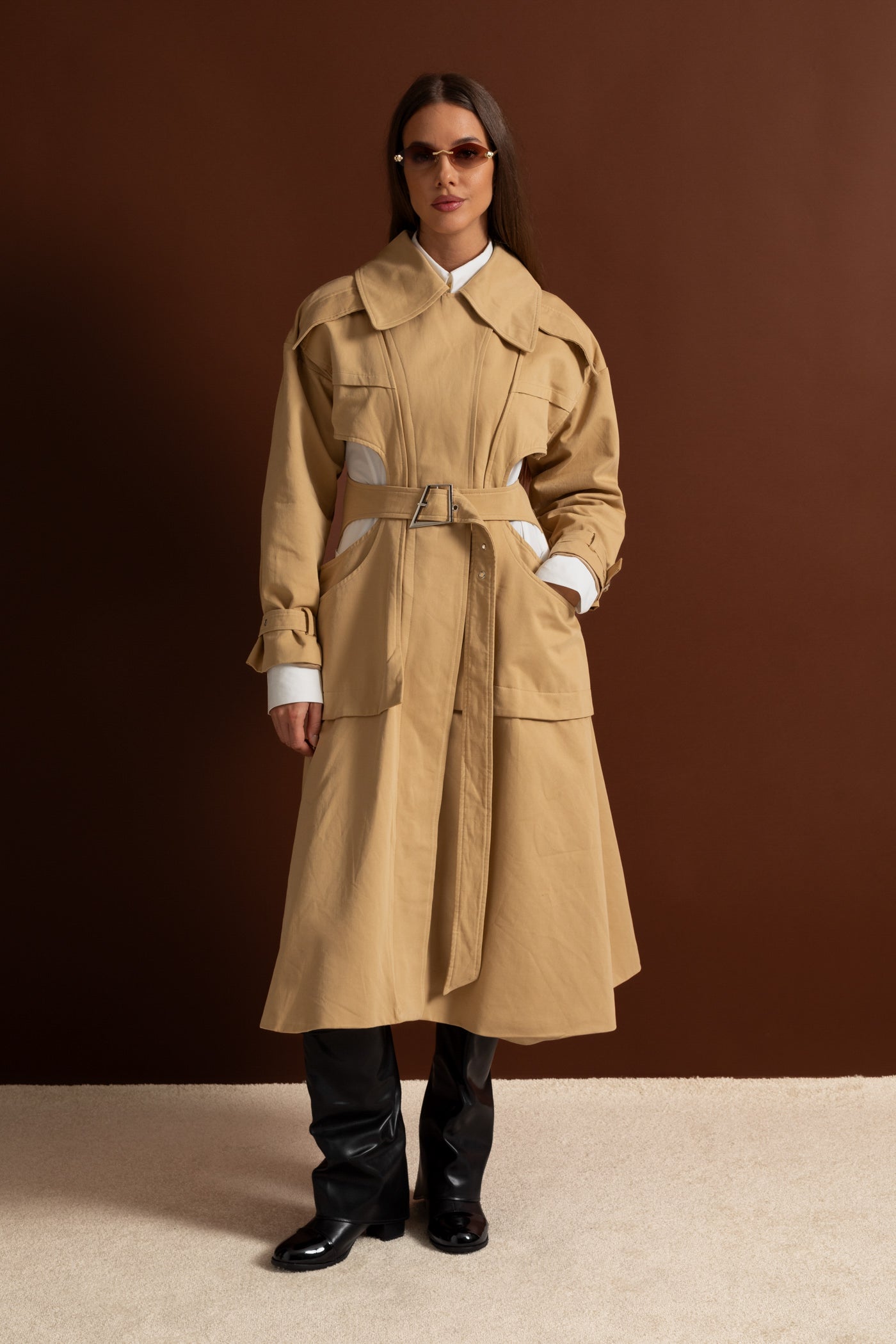 Cutout Trench Coat with Belted Waist and Utility Pockets - Beige