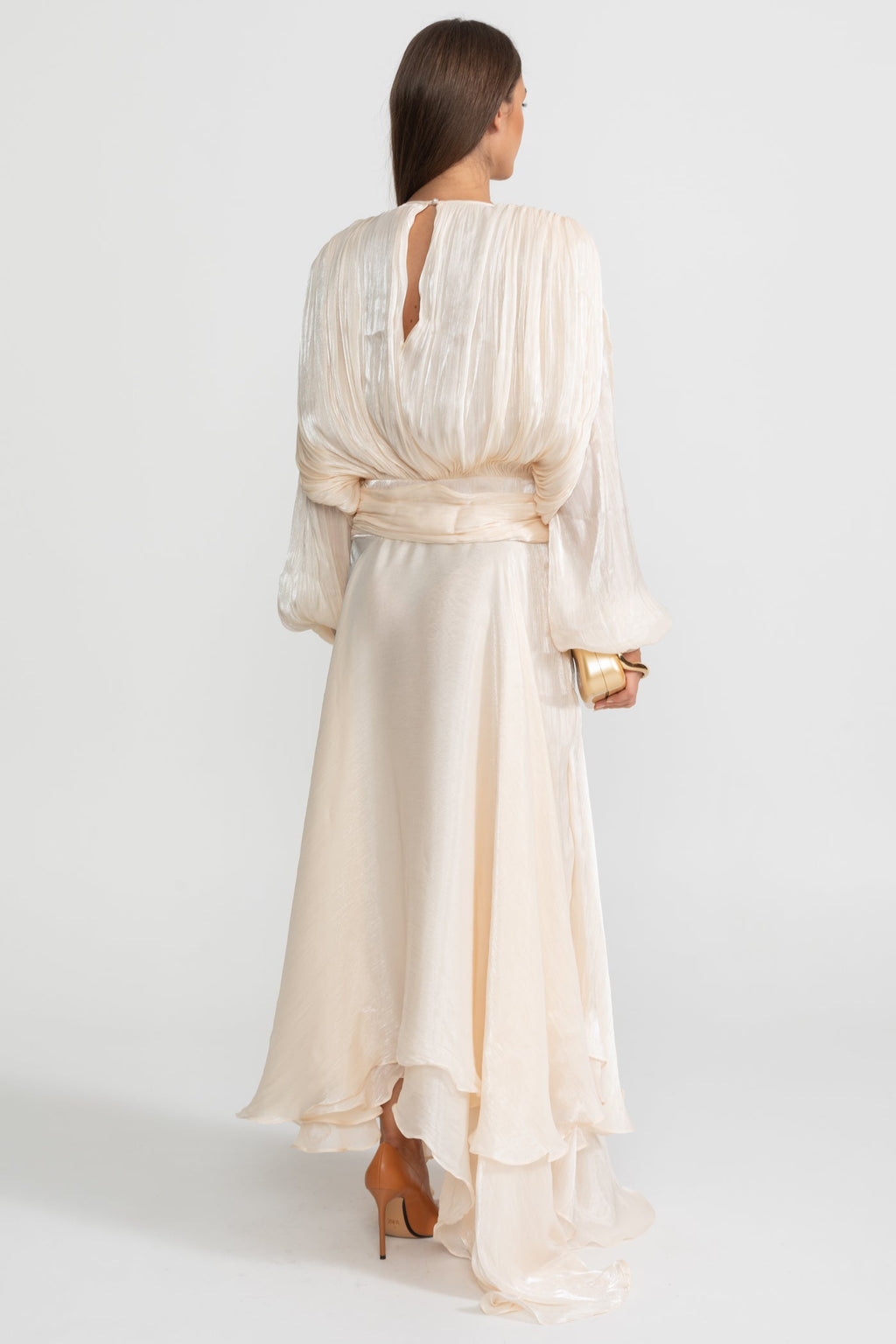 Maxi Dress with Pleated Bodice and Draped Skirt - Ivory