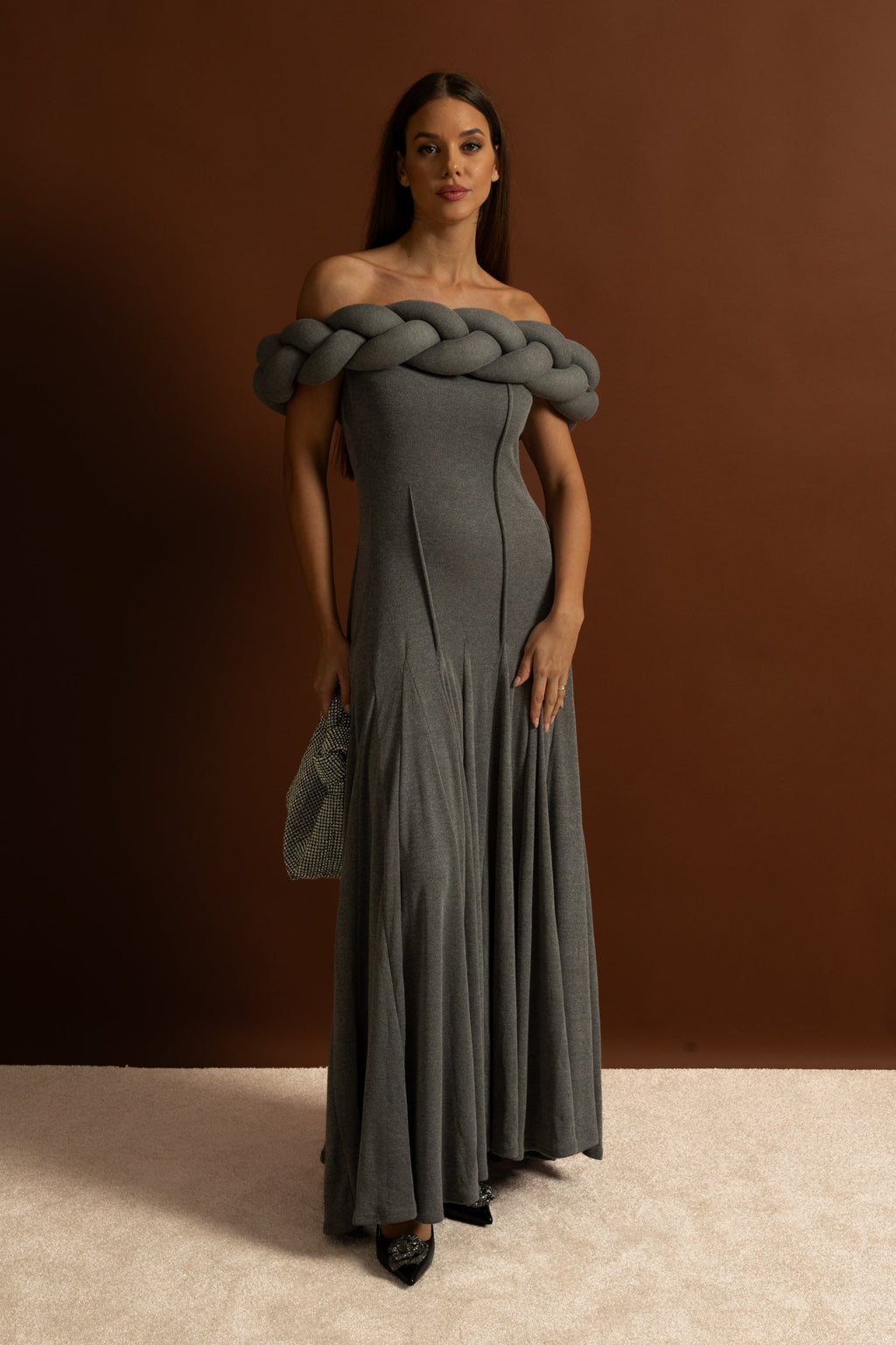 Off-Shoulder Braided Neckline Maxi Dress – Grey
