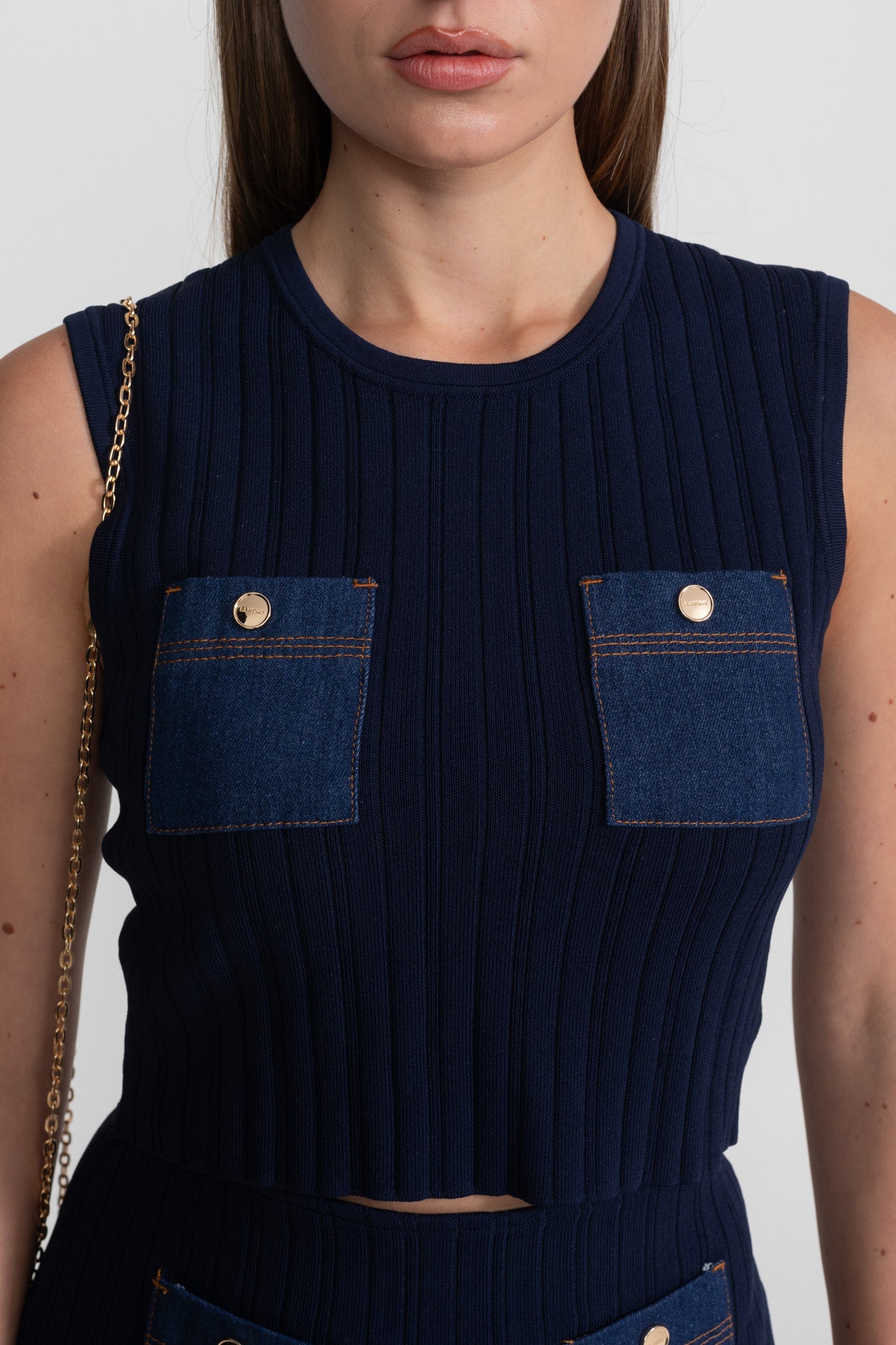 Ribbed Knit Co-ord Set with Contrast Denim Pockets - Dark Blue