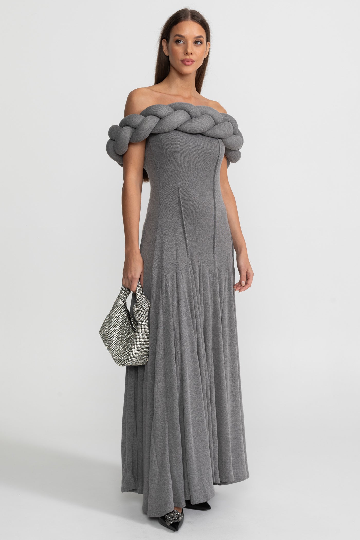 Off-Shoulder Braided Neckline Maxi Dress – Grey