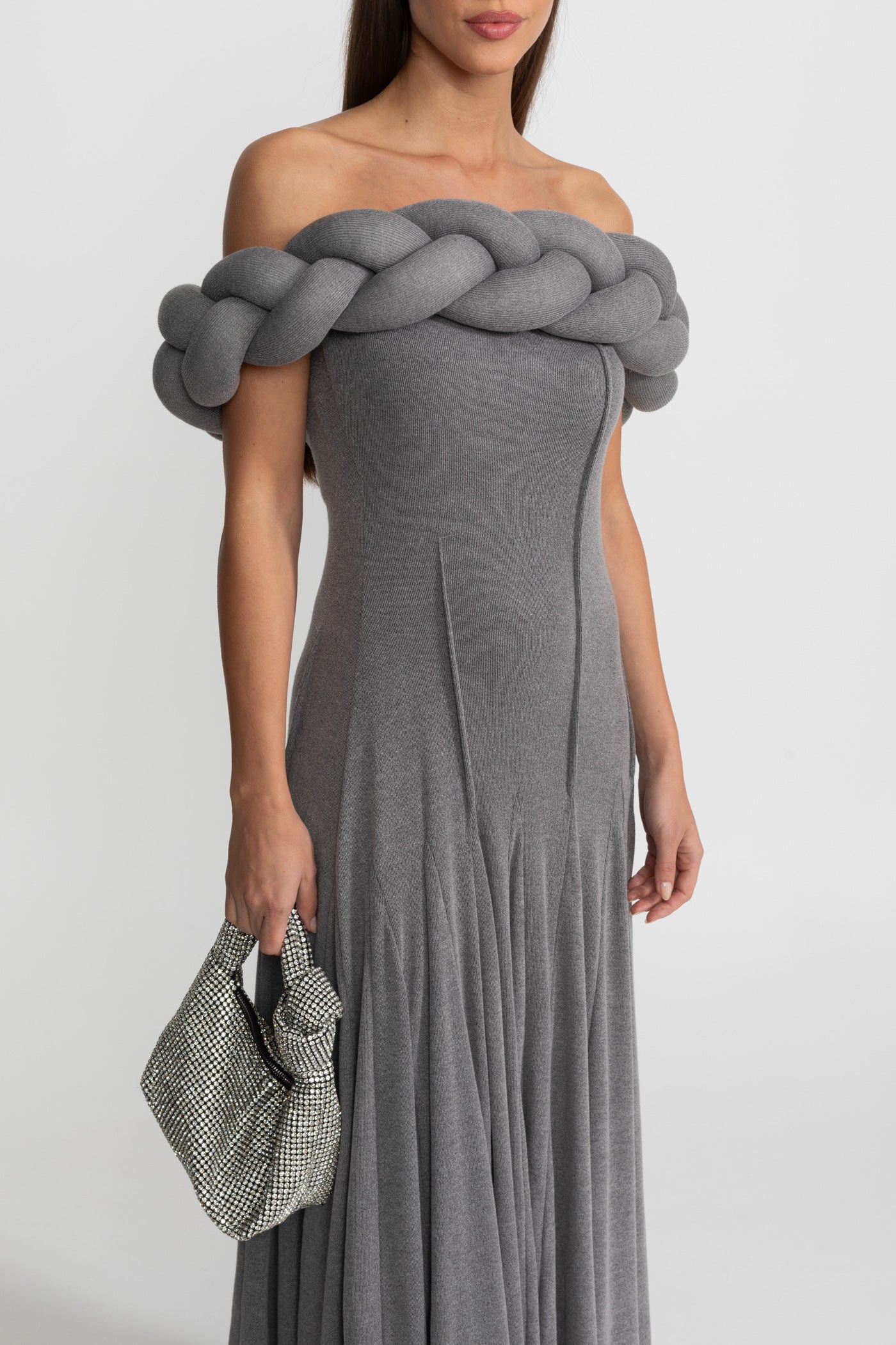 Off-Shoulder Braided Neckline Maxi Dress – Grey