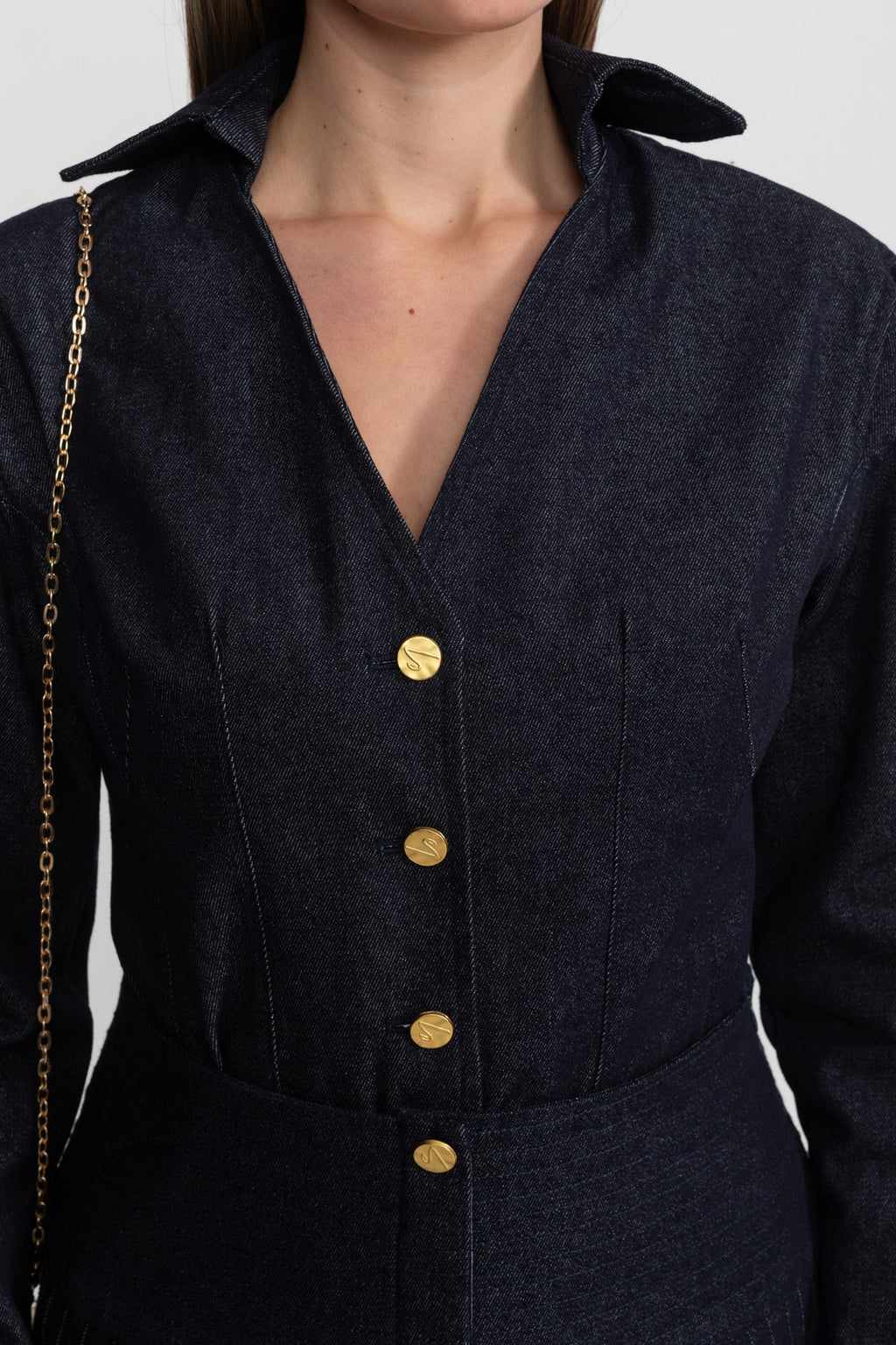 Denim Co-ord Set with Pleated Skirt and Gold Buttons - Dark Blue