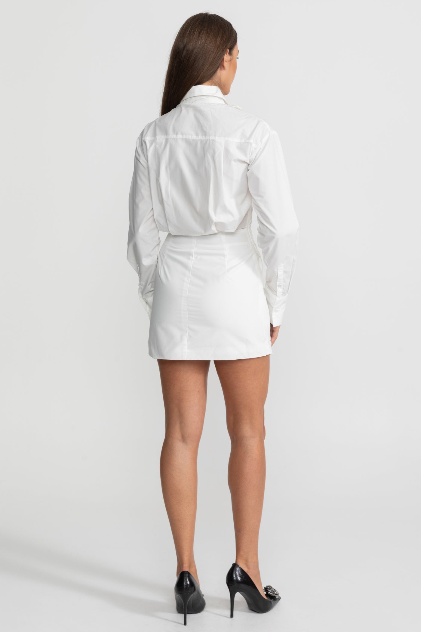 Sheer Panel Mini Shirt Dress With 3D Floral Appliqué – White