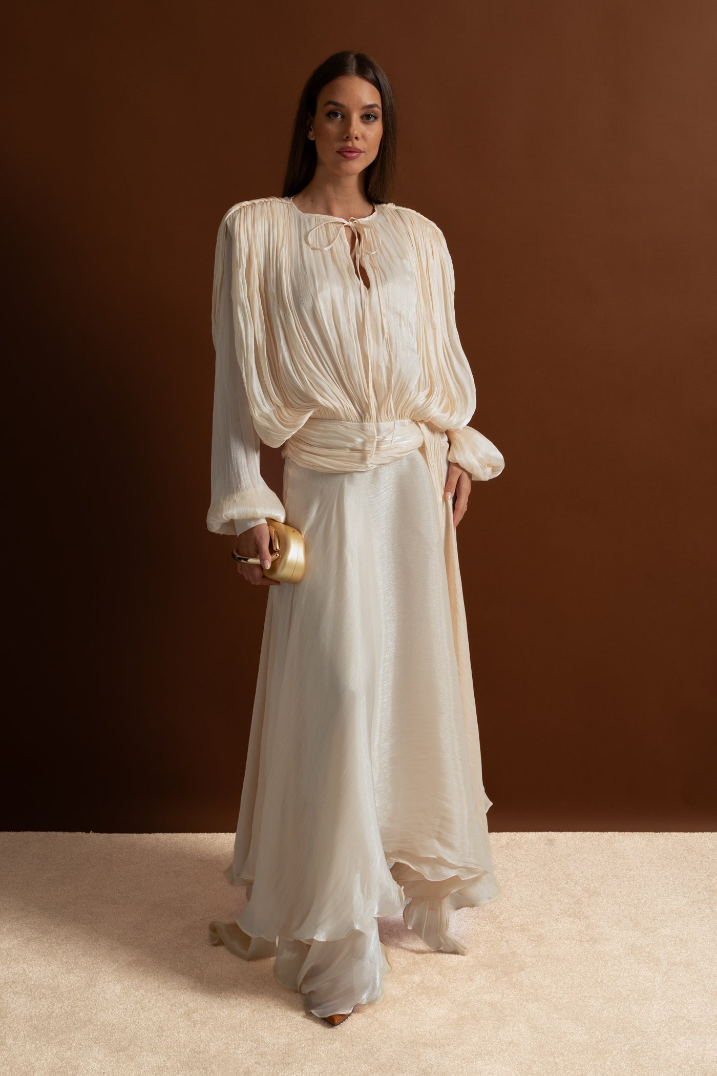 Maxi Dress with Pleated Bodice and Draped Skirt - Ivory