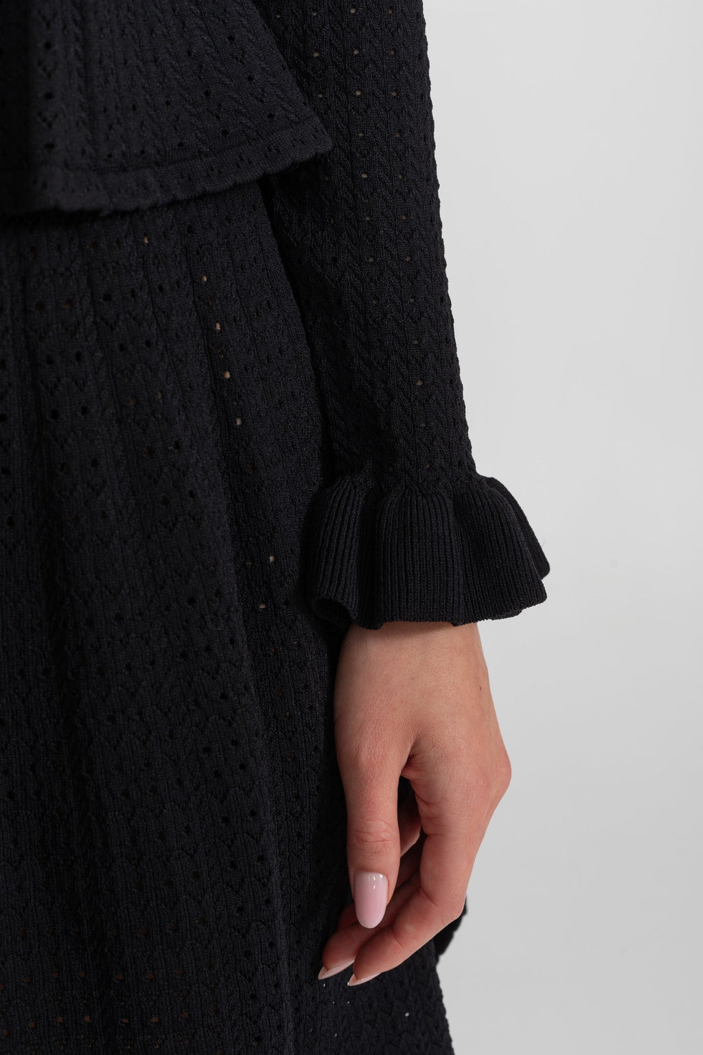 Knit Mini Dress with Peplum Waist and Gold Button Detail - Black