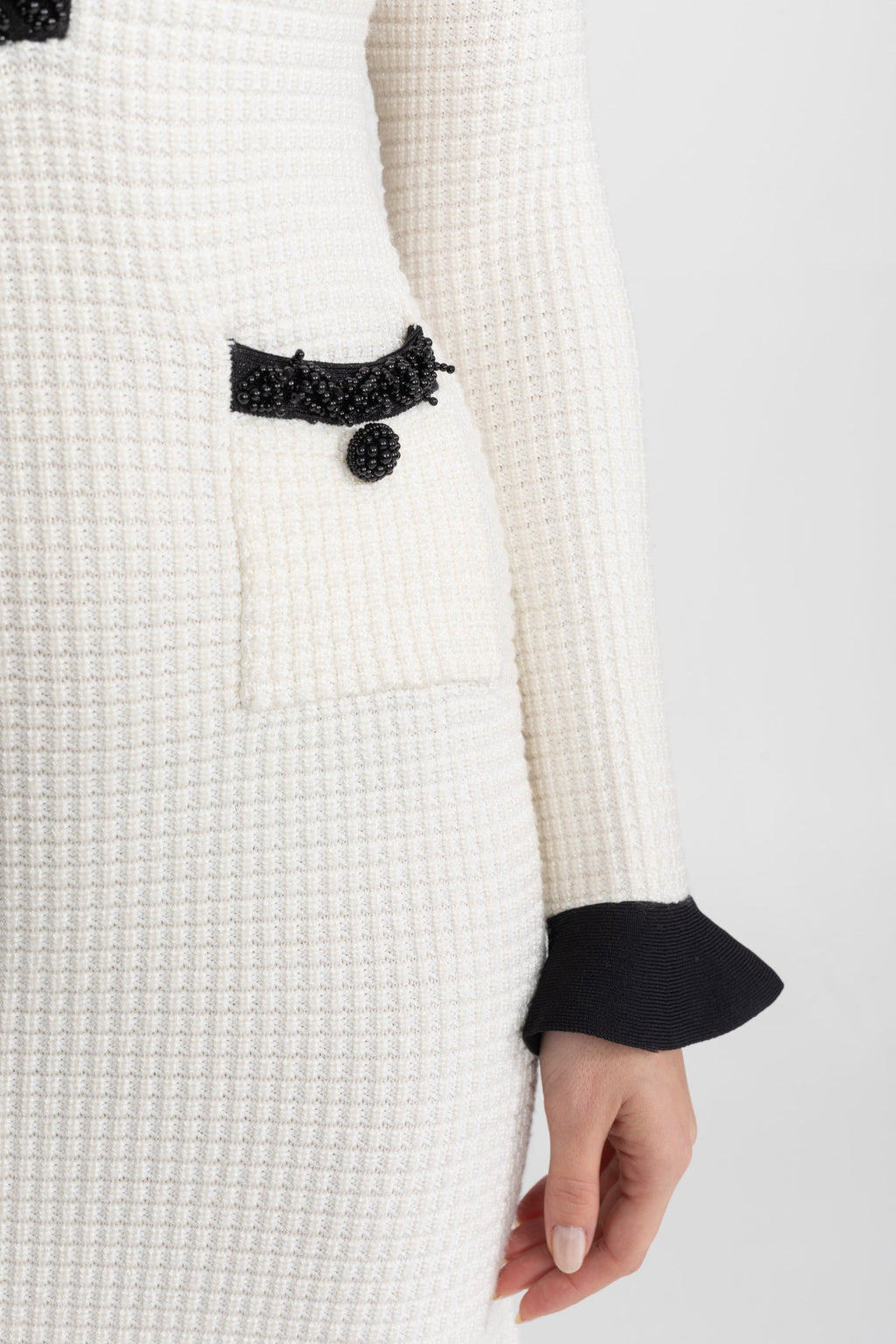 Textured Midi Dress with Contrast Embroidered Trim – Ivory