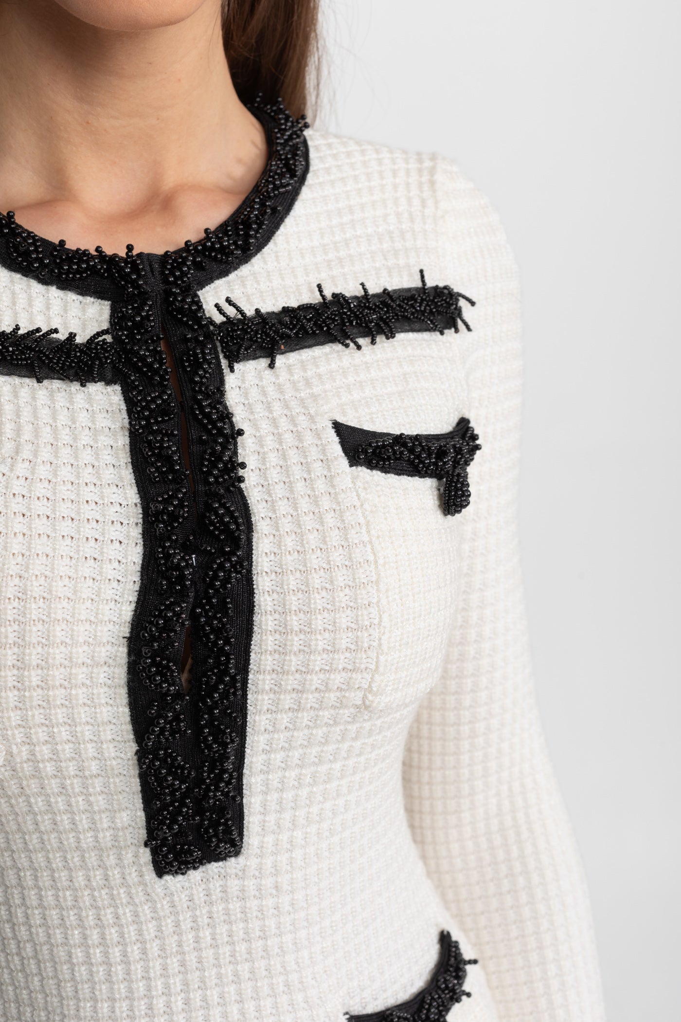 Textured Midi Dress with Contrast Embroidered Trim – Ivory