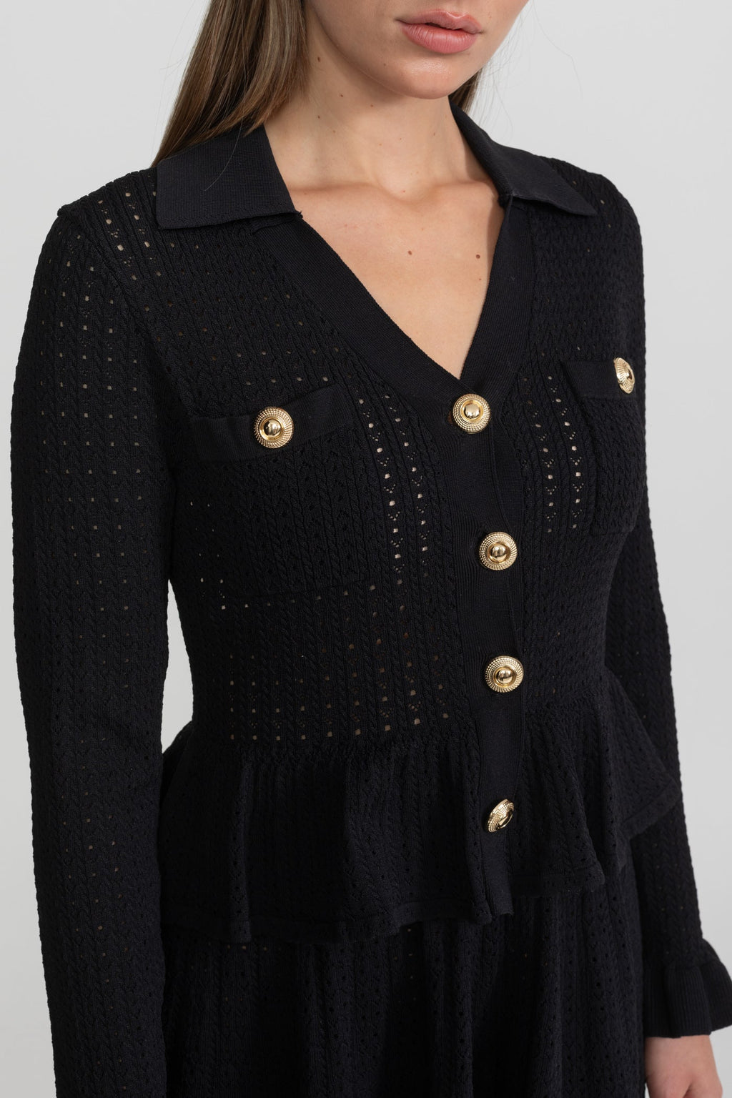 Knit Mini Dress with Peplum Waist and Gold Button Detail - Black