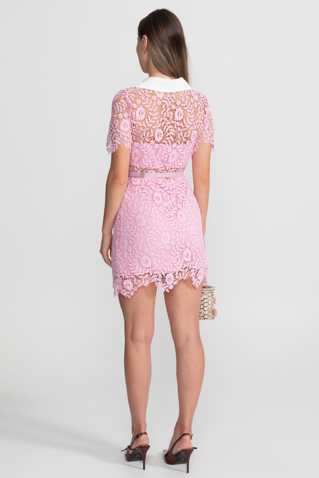 Lace Mini Dress with Contrast Collar and Jewel Buttons - Pink