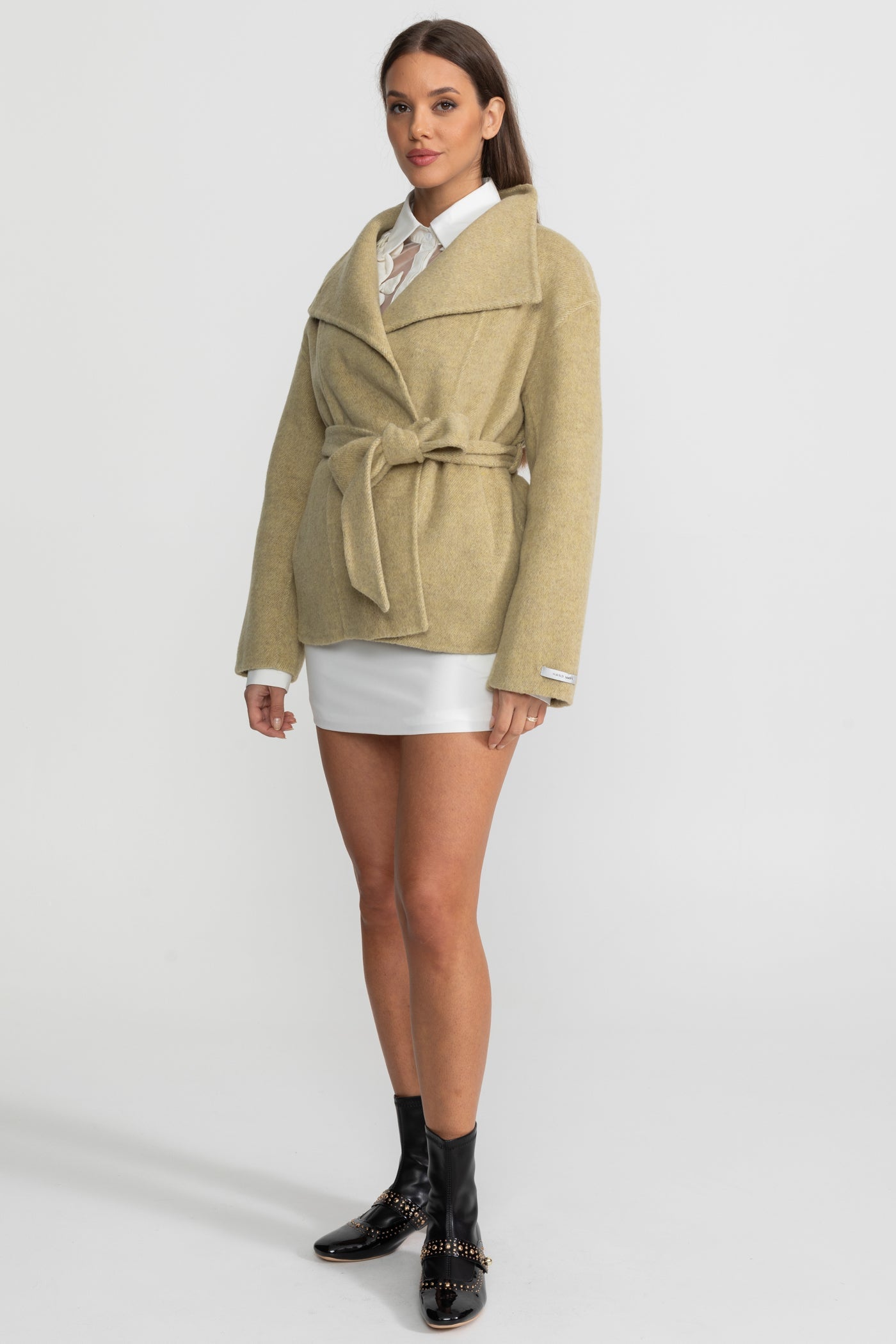 Belted Mini Coat With High Neckline - Beige