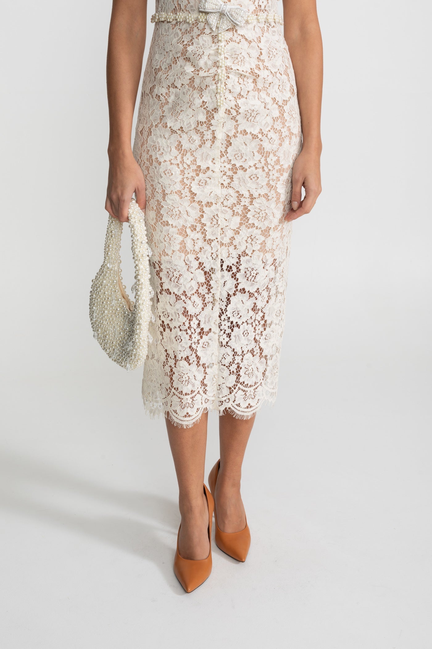 Embellished Lace Midi Dress With Bow Detailing – Ivory
