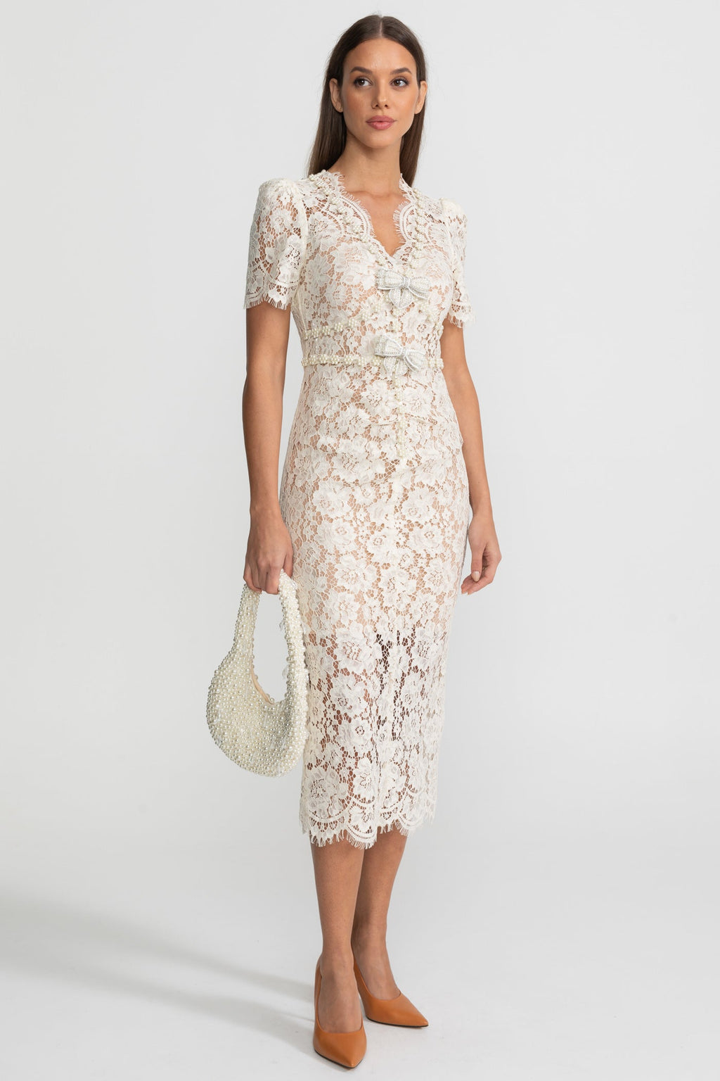 Embellished Lace Midi Dress With Bow Detailing – Ivory