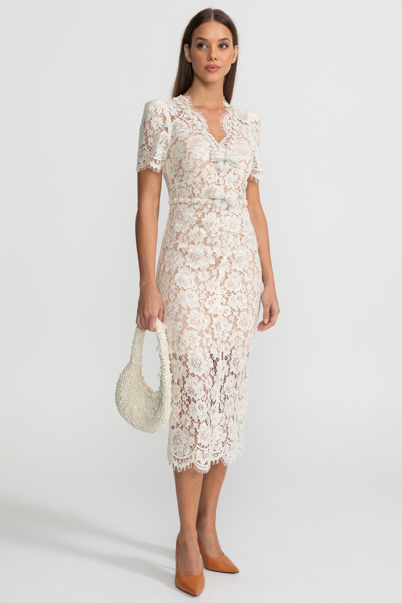 Embellished Lace Midi Dress With Bow Detailing – Ivory