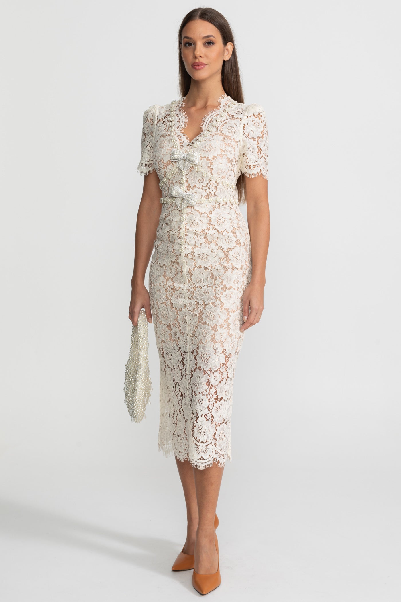 Embellished Lace Midi Dress With Bow Detailing – Ivory