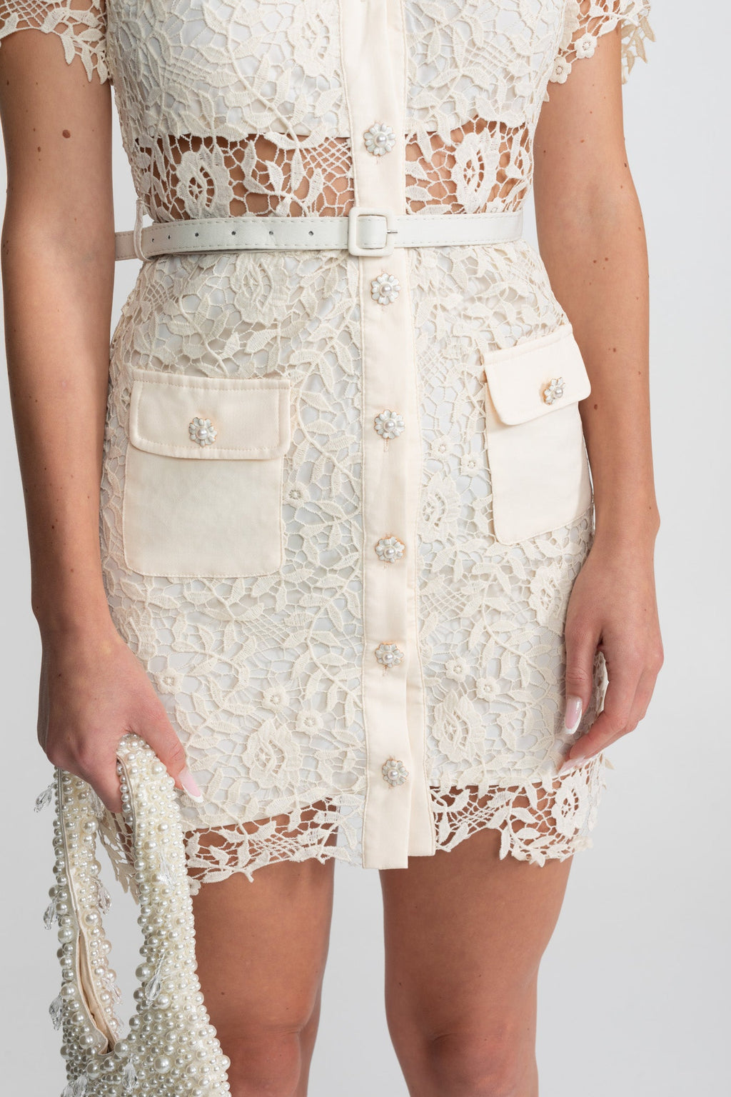 Lace Mini Dress with Contrast Collar and Jewel Buttons - Ivory
