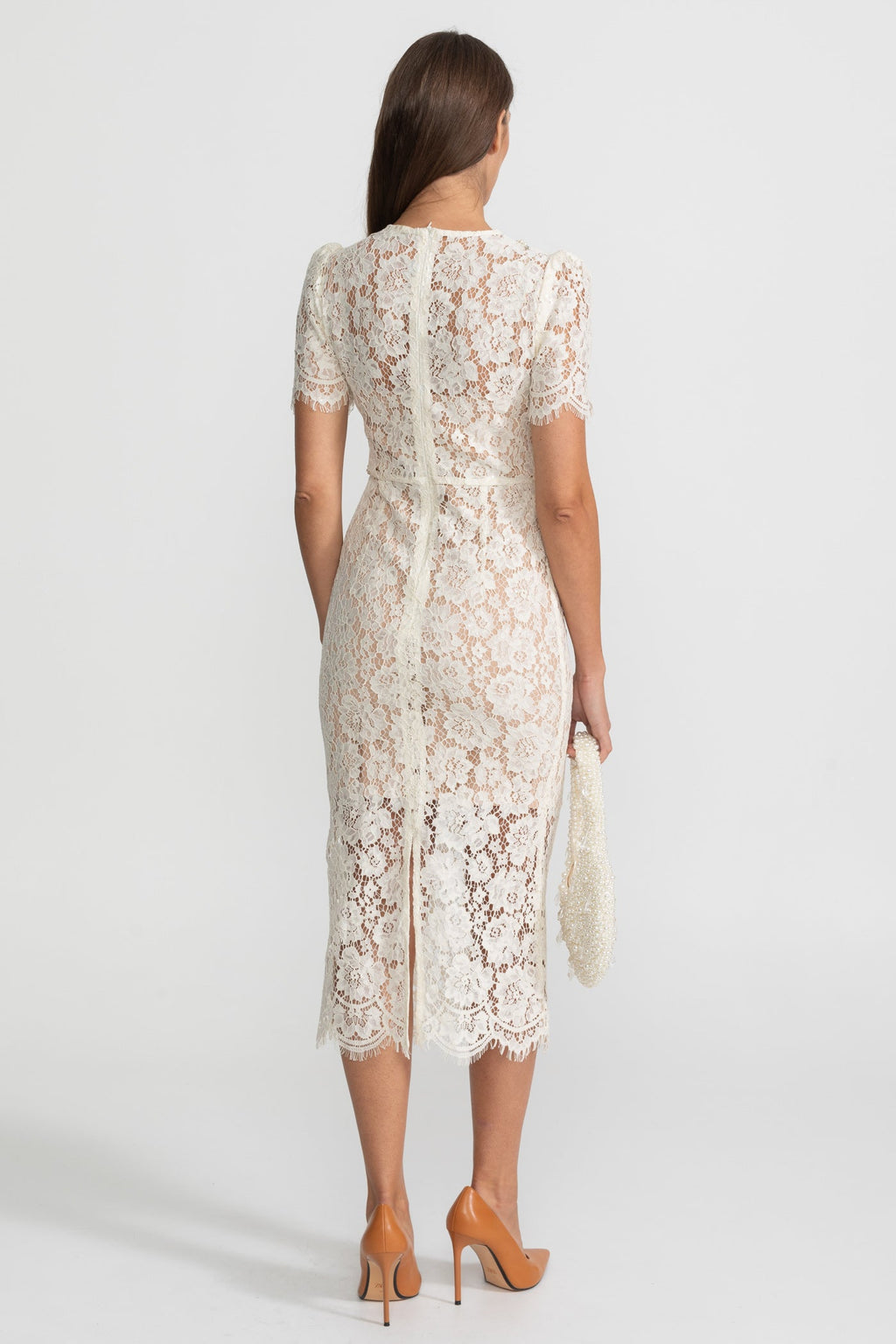 Embellished Lace Midi Dress With Bow Detailing – Ivory
