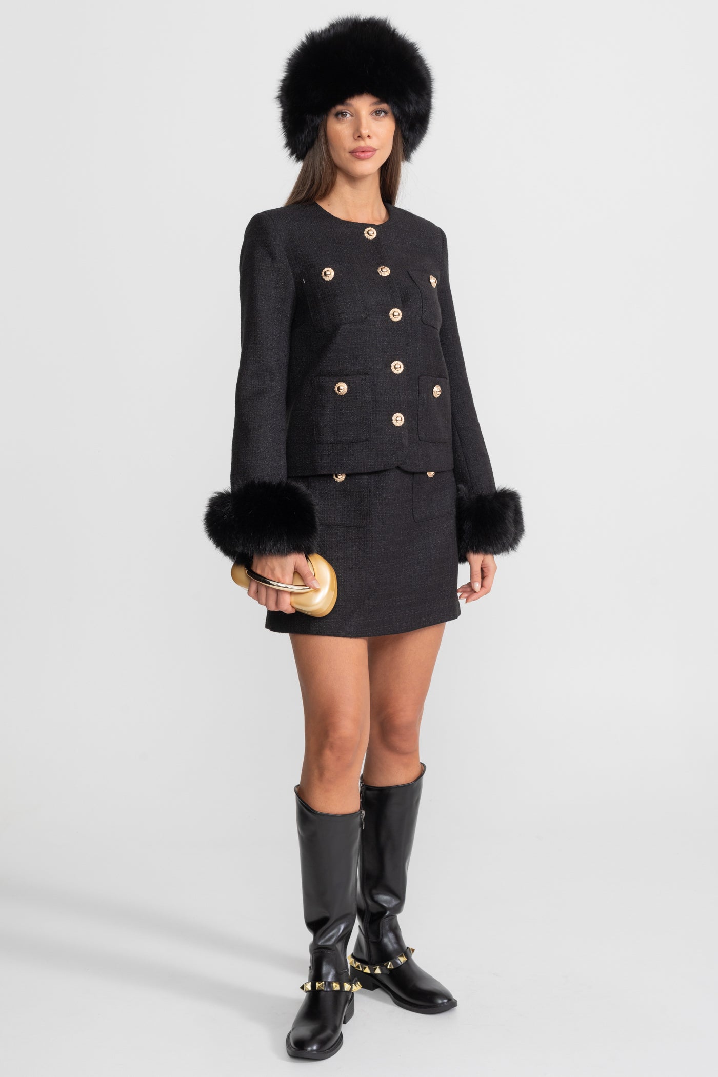 Tweed Blazer With Faux Fur Cuffs And Gold Buttons – Black