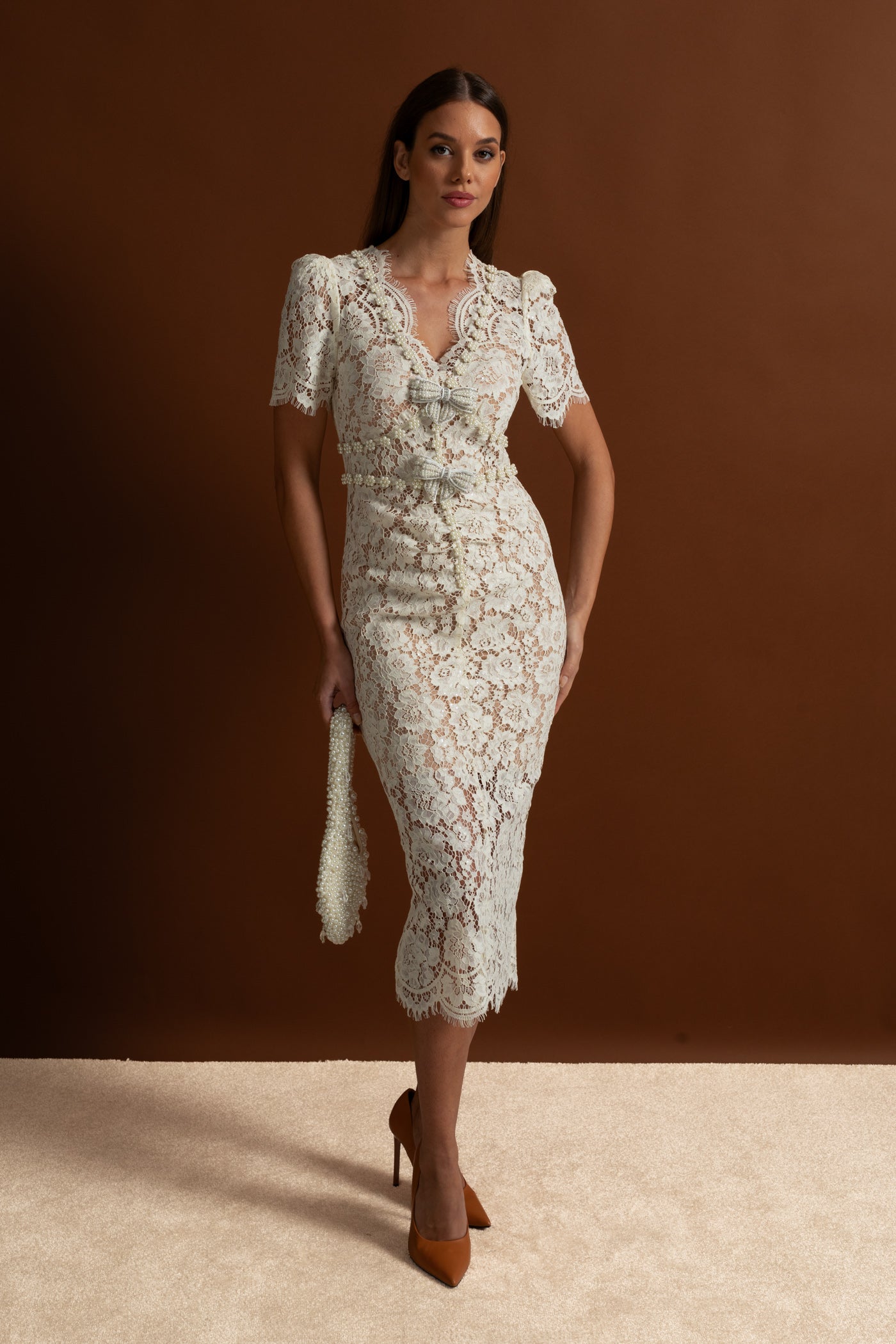 Embellished Lace Midi Dress With Bow Detailing – Ivory