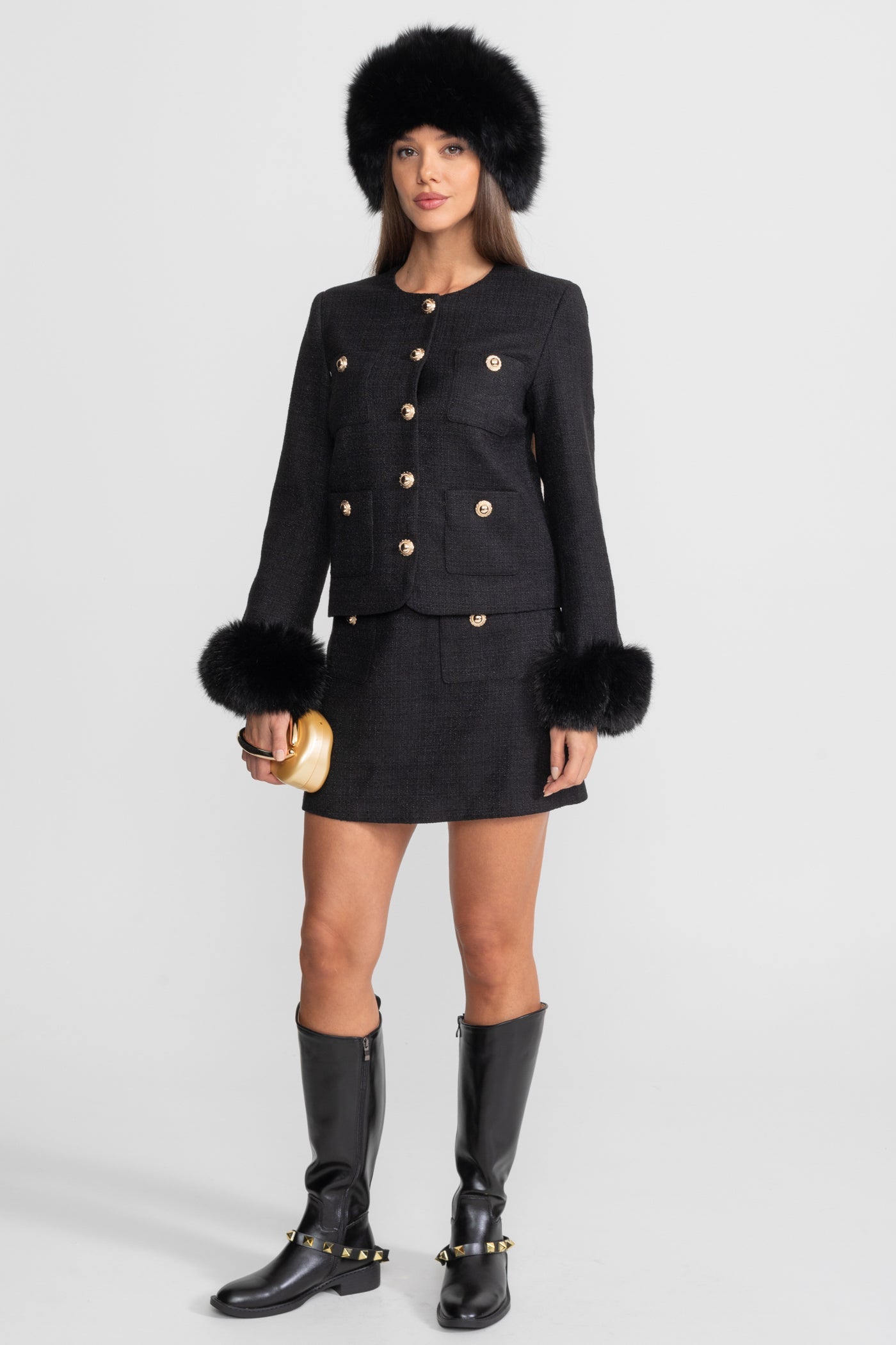 Tweed Blazer With Faux Fur Cuffs And Gold Buttons – Black