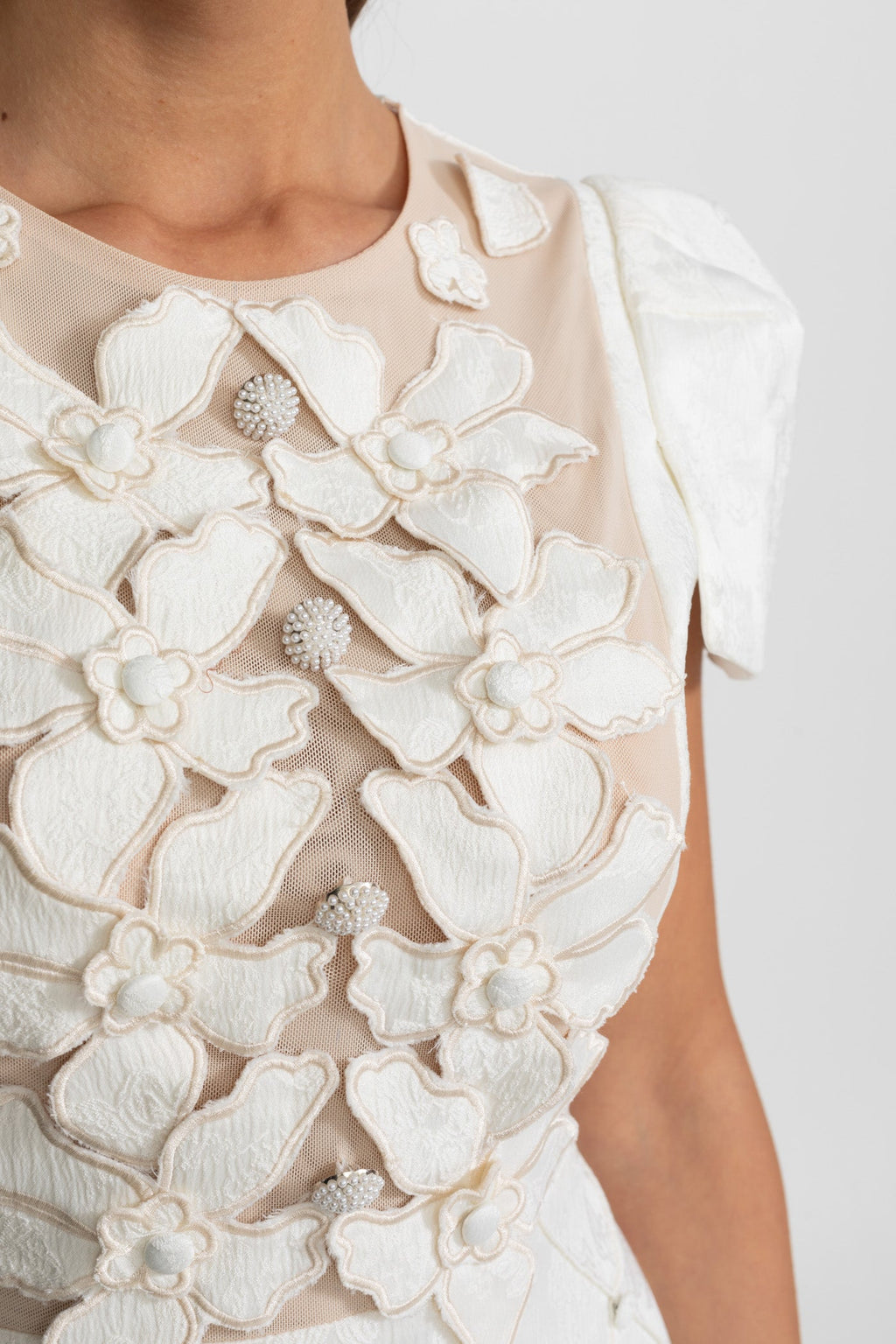 3D Floral Appliqué Mini Dress With Quilted Skirt  – White