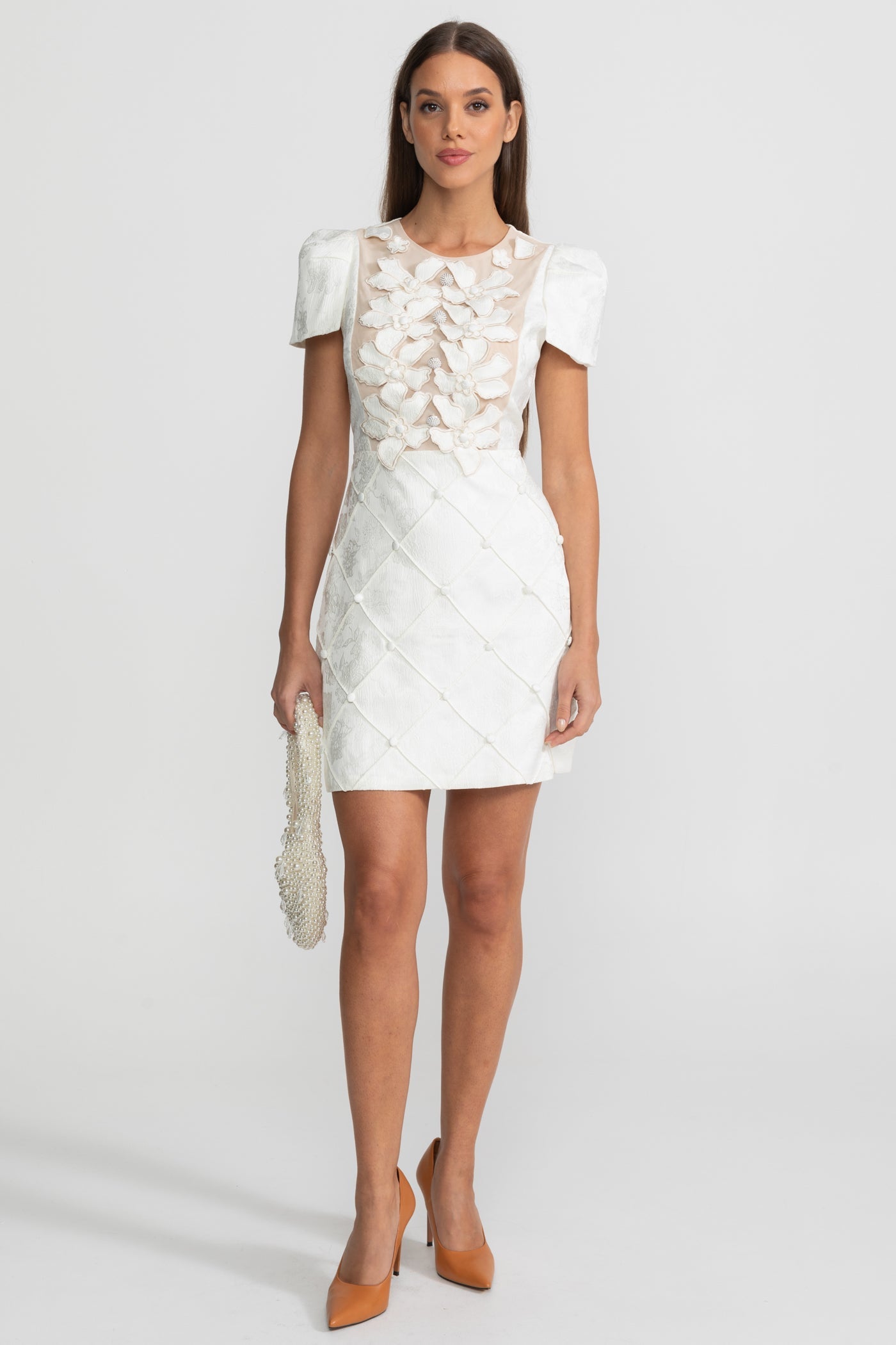 3D Floral Appliqué Mini Dress With Quilted Skirt  – White