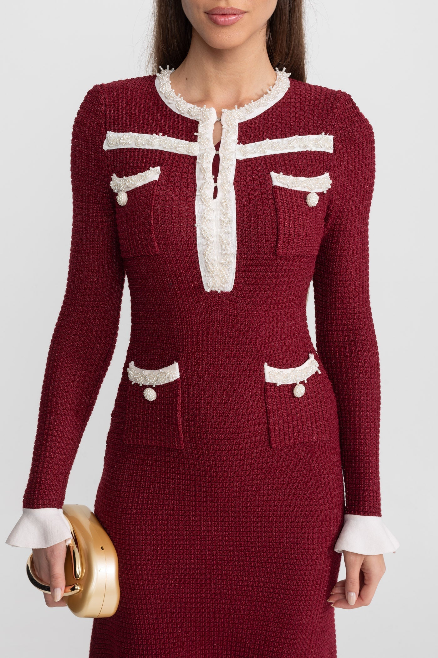 Textured Midi Dress with Contrast Embroidered Trim – Burgundy