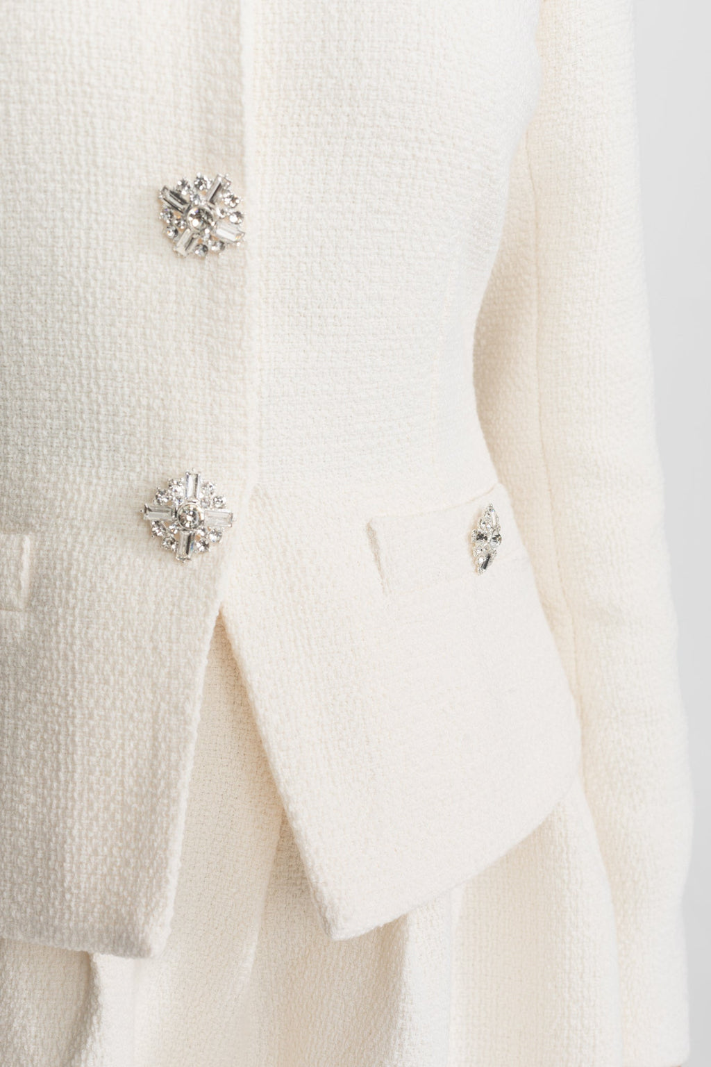 Textured Mini Dress with Crystal Button Embellishments – Ivory