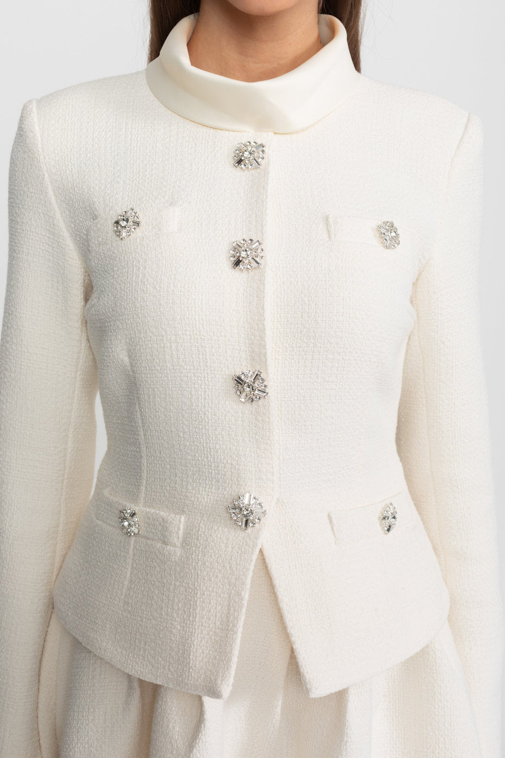 Textured Mini Dress with Crystal Button Embellishments – Ivory