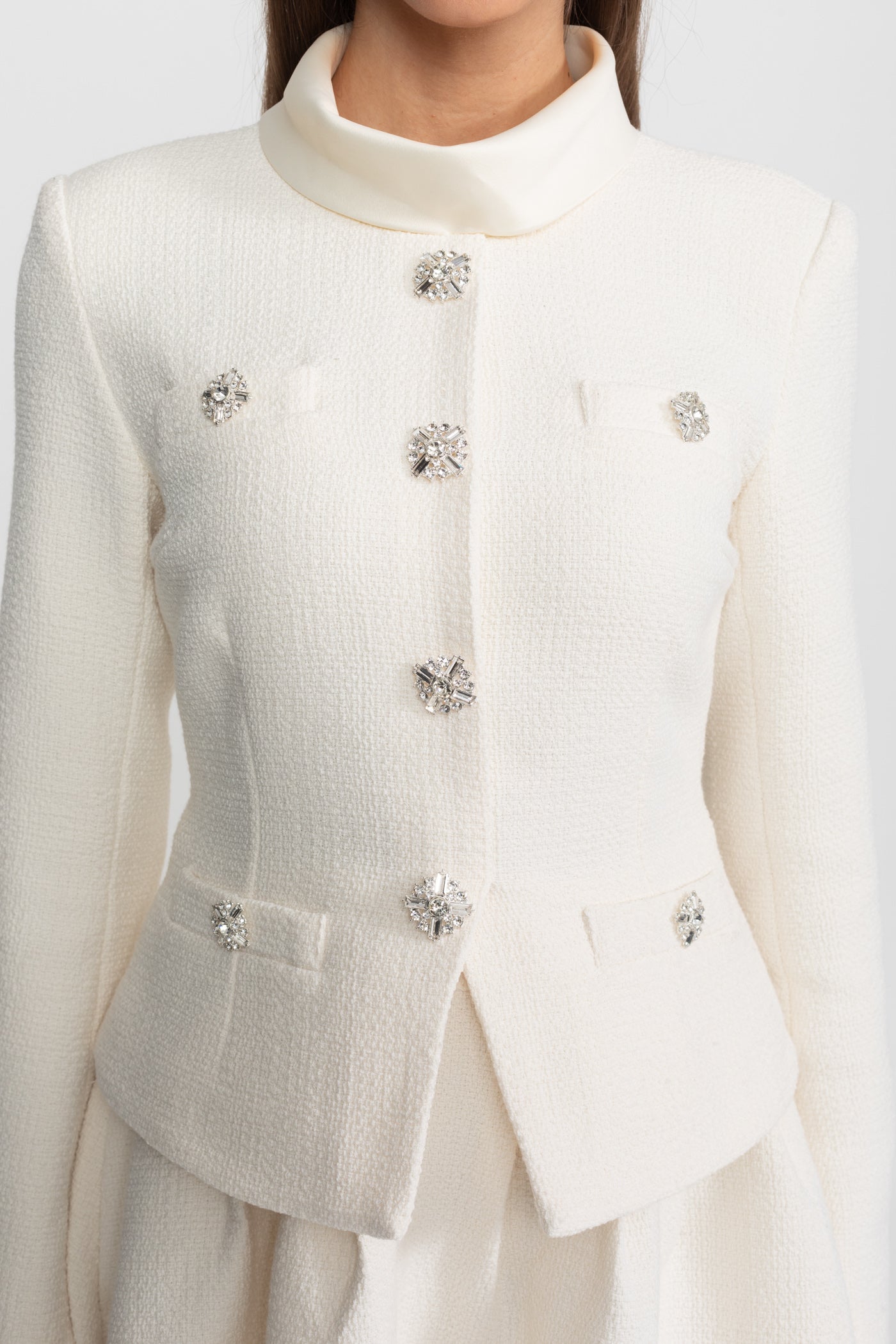 Textured Mini Dress with Crystal Button Embellishments – Ivory