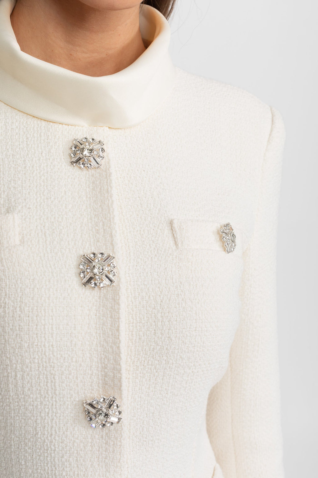 Textured Mini Dress with Crystal Button Embellishments – Ivory