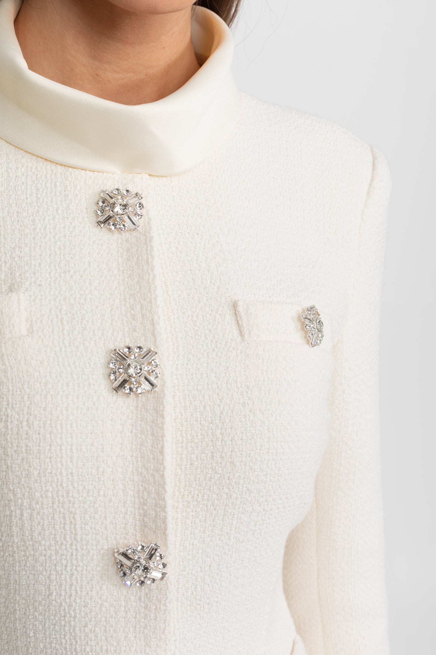 Textured Mini Dress with Crystal Button Embellishments – Ivory