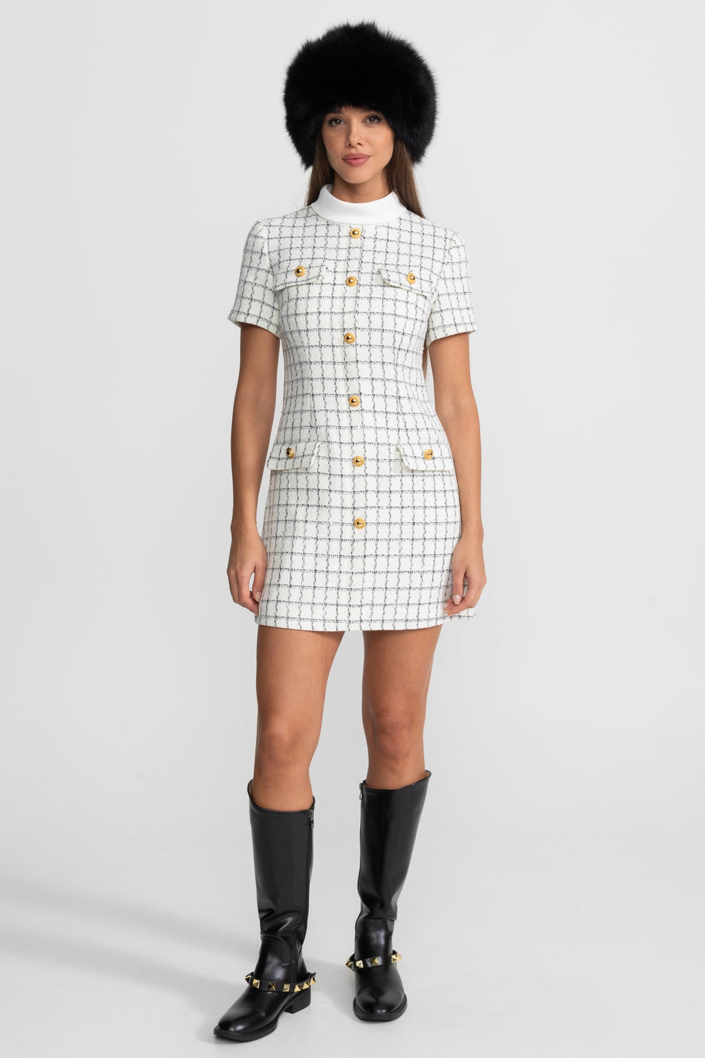 Short Sleeve Tweed Mini Dress With Contrast Collar – White And Black