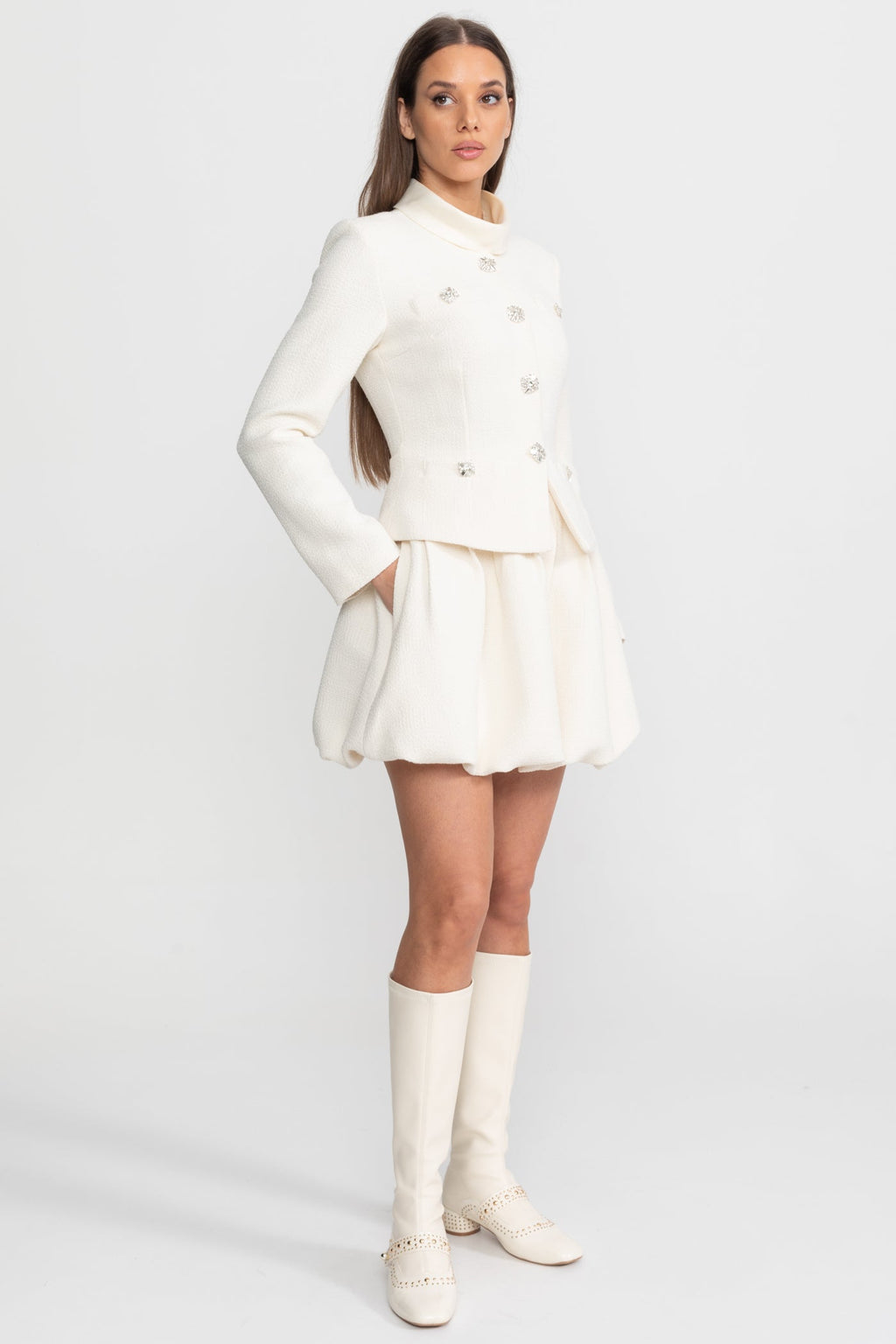 Textured Mini Dress with Crystal Button Embellishments – Ivory