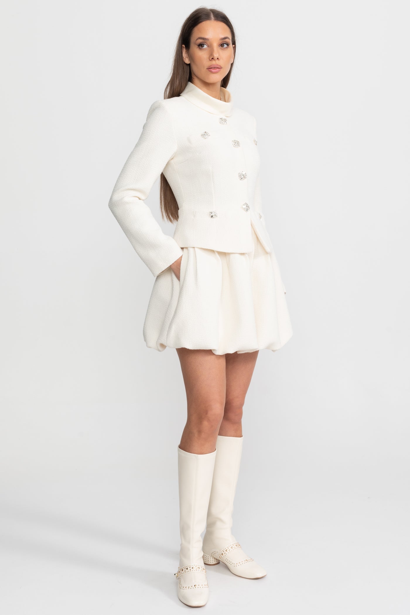 Textured Mini Dress with Crystal Button Embellishments – Ivory