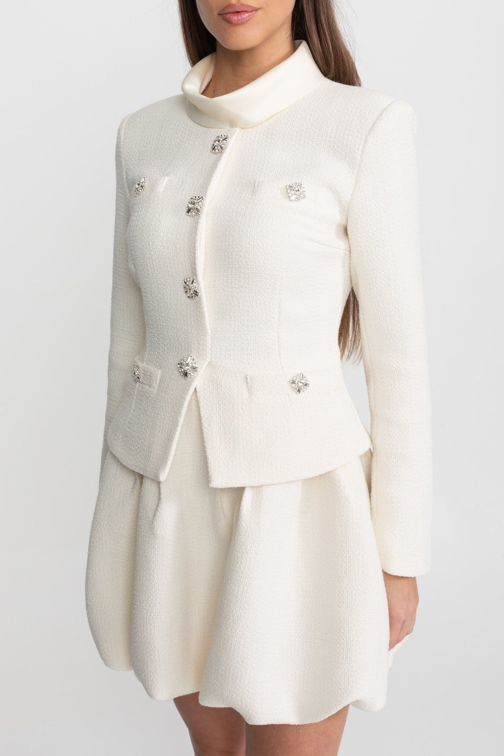 Textured Mini Dress with Crystal Button Embellishments – Ivory