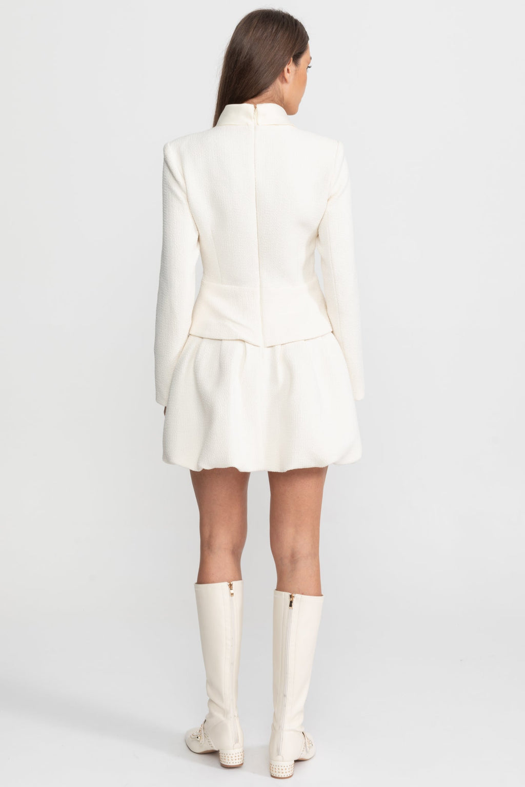 Textured Mini Dress with Crystal Button Embellishments – Ivory