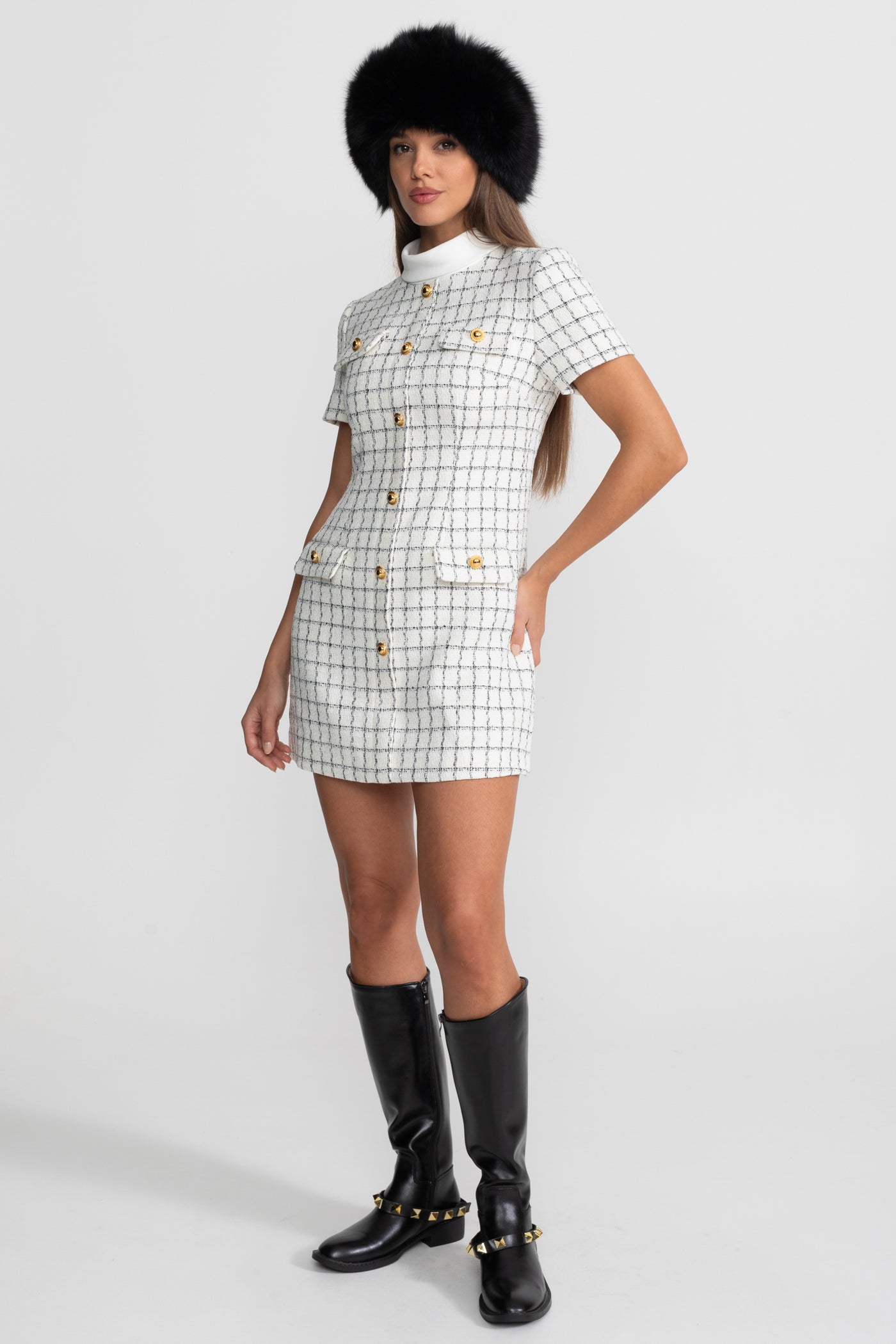 Short Sleeve Tweed Mini Dress With Contrast Collar – White And Black