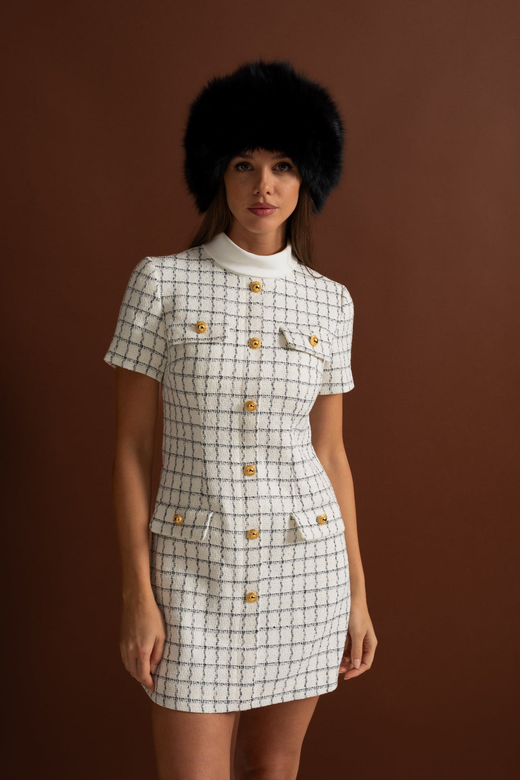Short Sleeve Tweed Mini Dress With Contrast Collar – White And Black