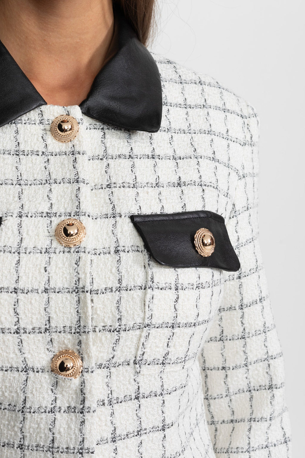 Long Sleeve Tweed Mini Dress With Leather Details