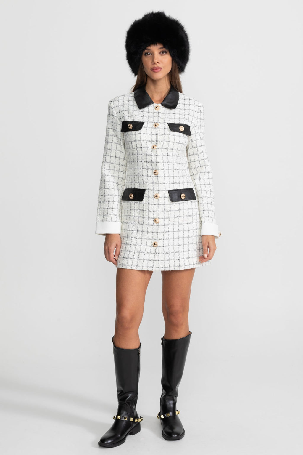Long Sleeve Tweed Mini Dress With Leather Details