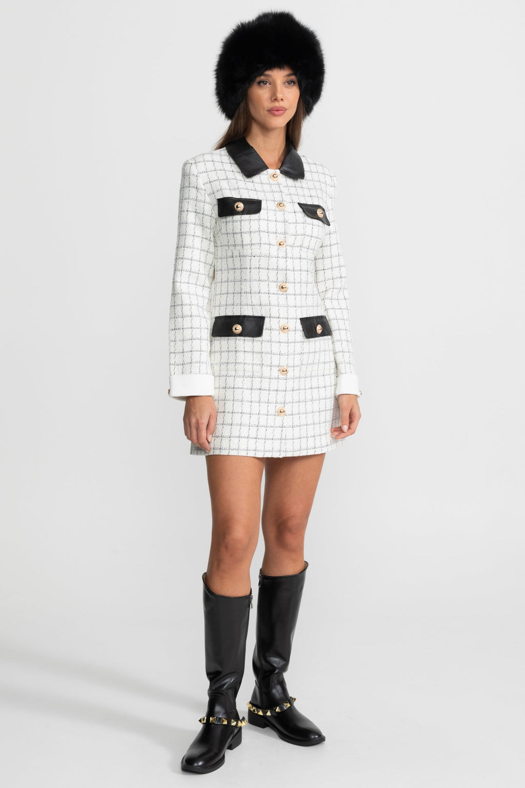 Long Sleeve Tweed Mini Dress With Leather Details