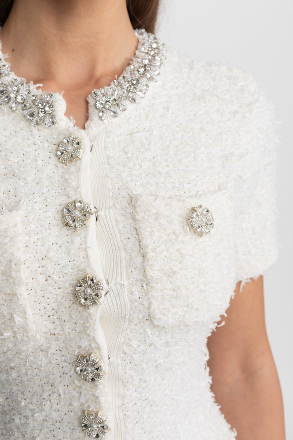 Embellished Tweed Mini Dress with Crystal Button Details – White