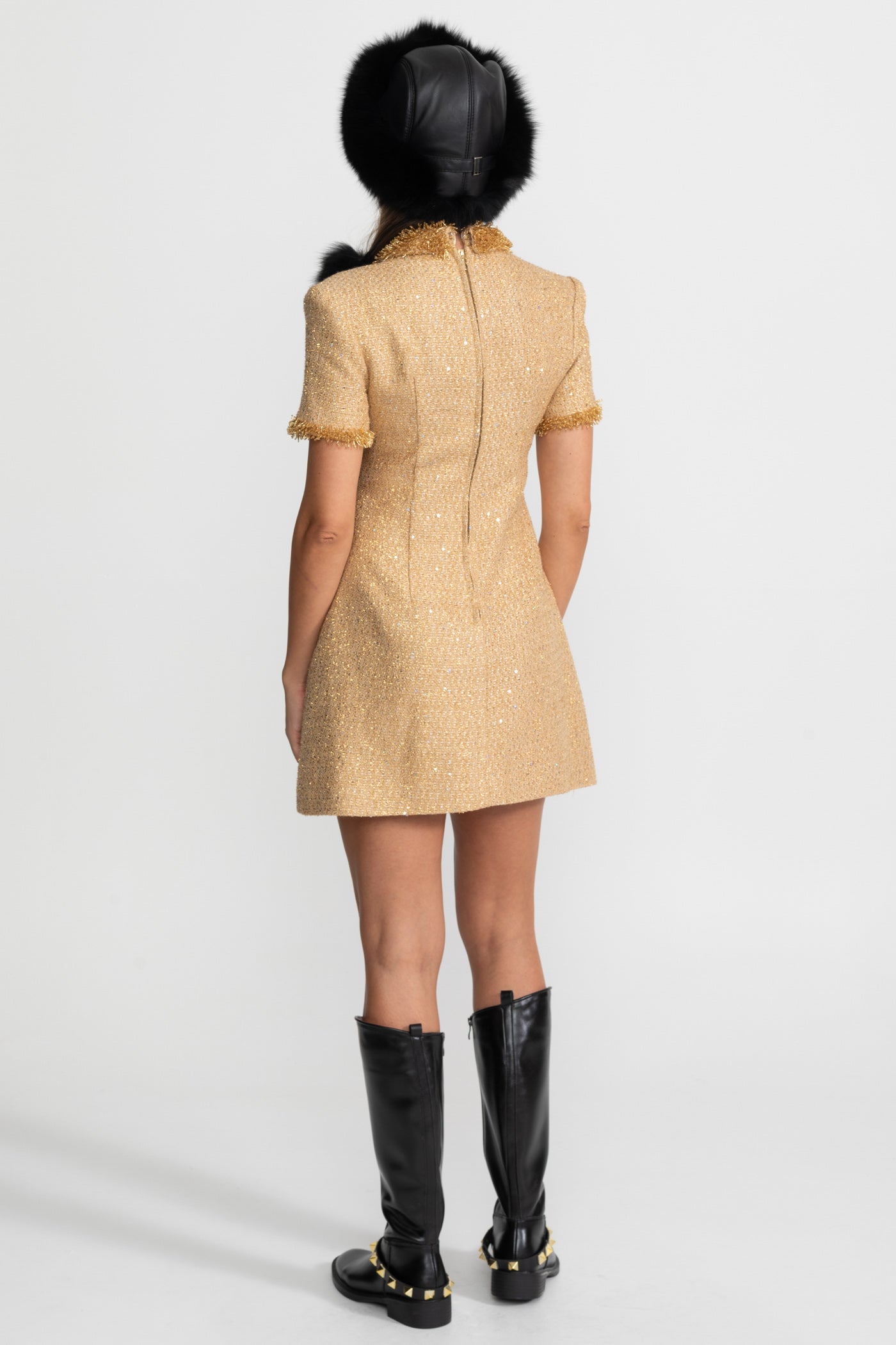 Short Sleeve Tweed Mini Dress With Metallic Fringe Trim – Gold