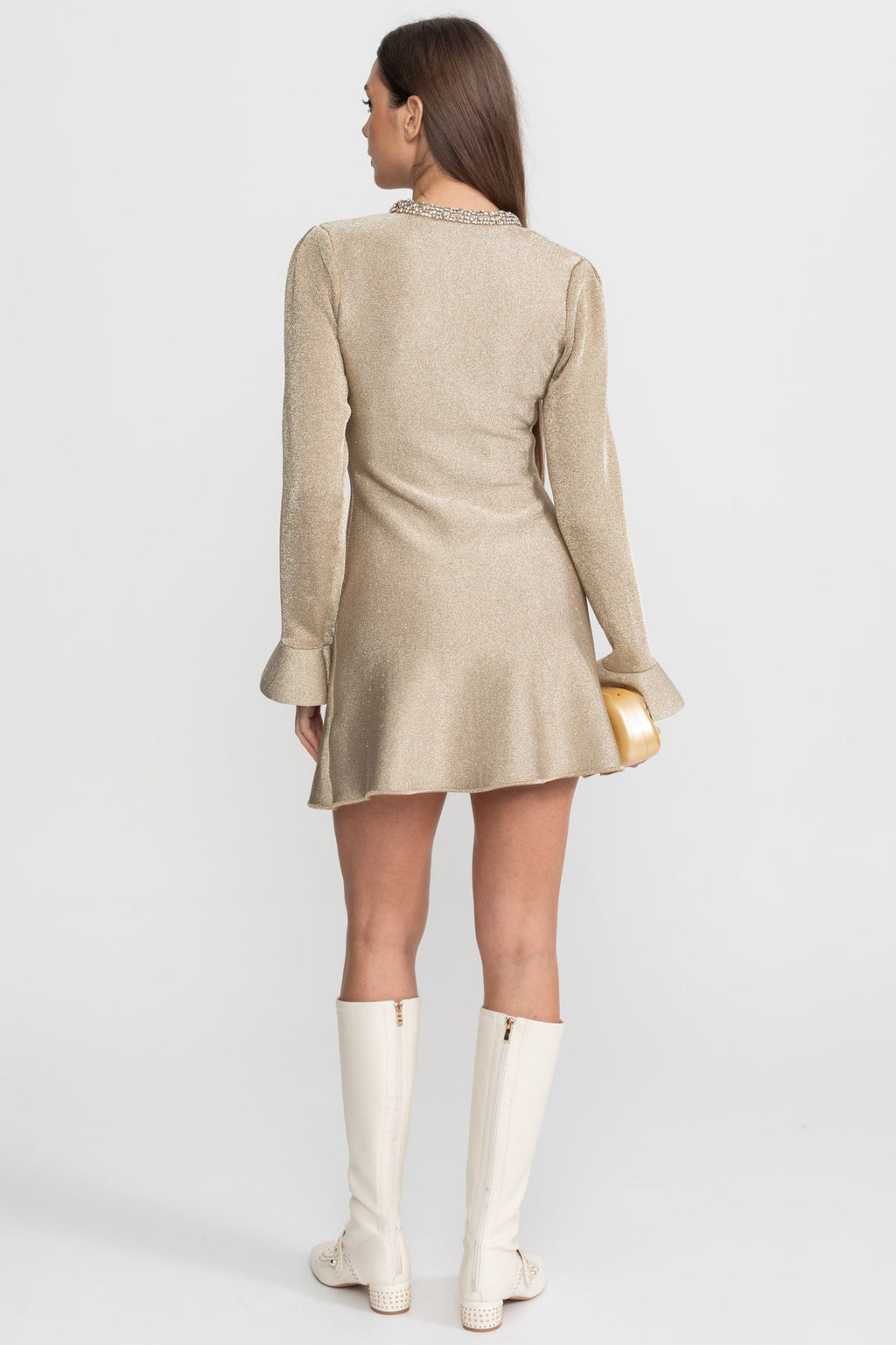 Shimmer Mini Dress with Crystal Button Embellishments – Champagne