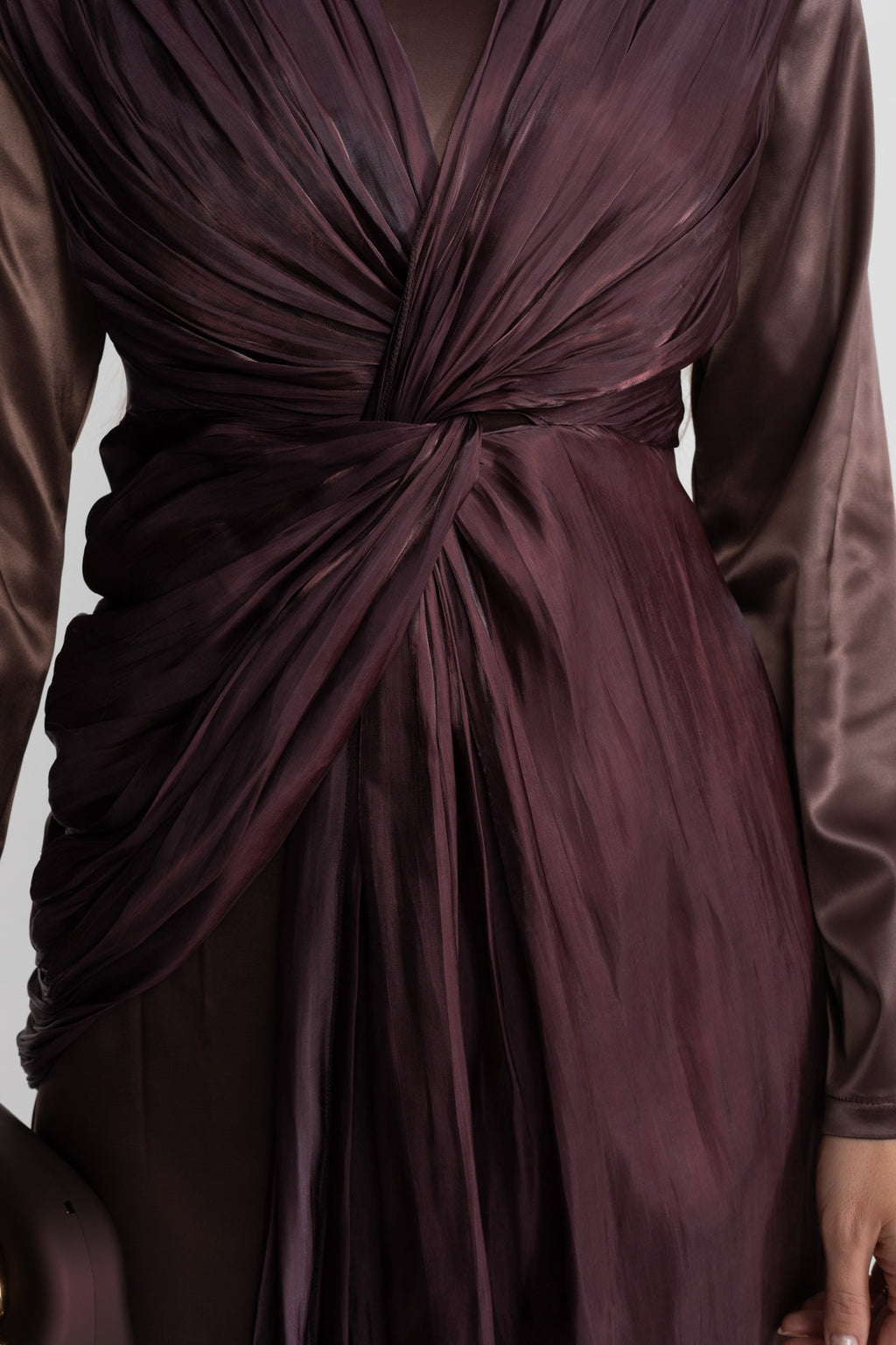 Satin Midi Dress with Draped Overlay and Knot Detail - Brown